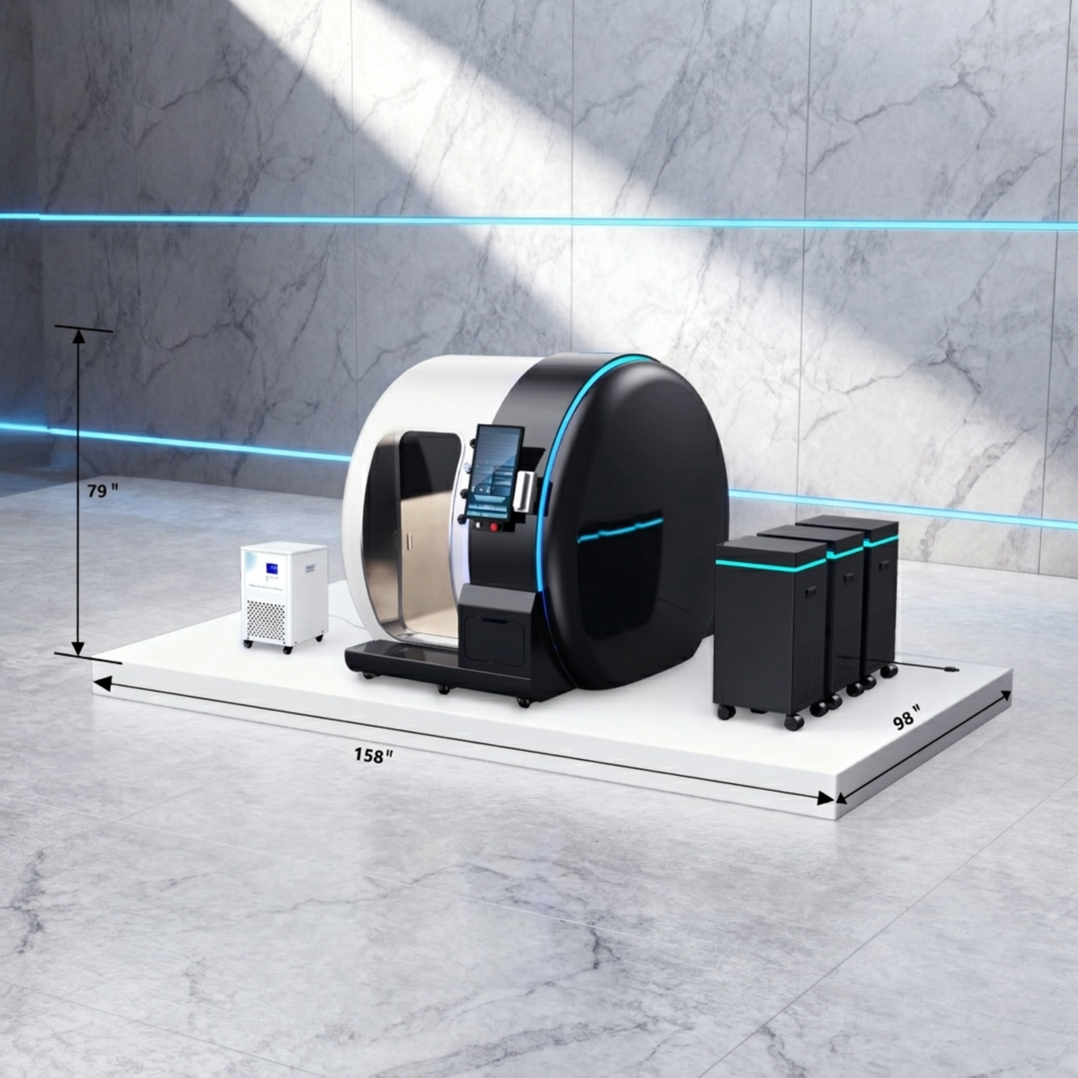 Oxyair OLV-YZM01 Two-Person 2.0 ATA Hard-Shell Multiplace Hyperbaric Chamber – chamber dimensions in a showroom