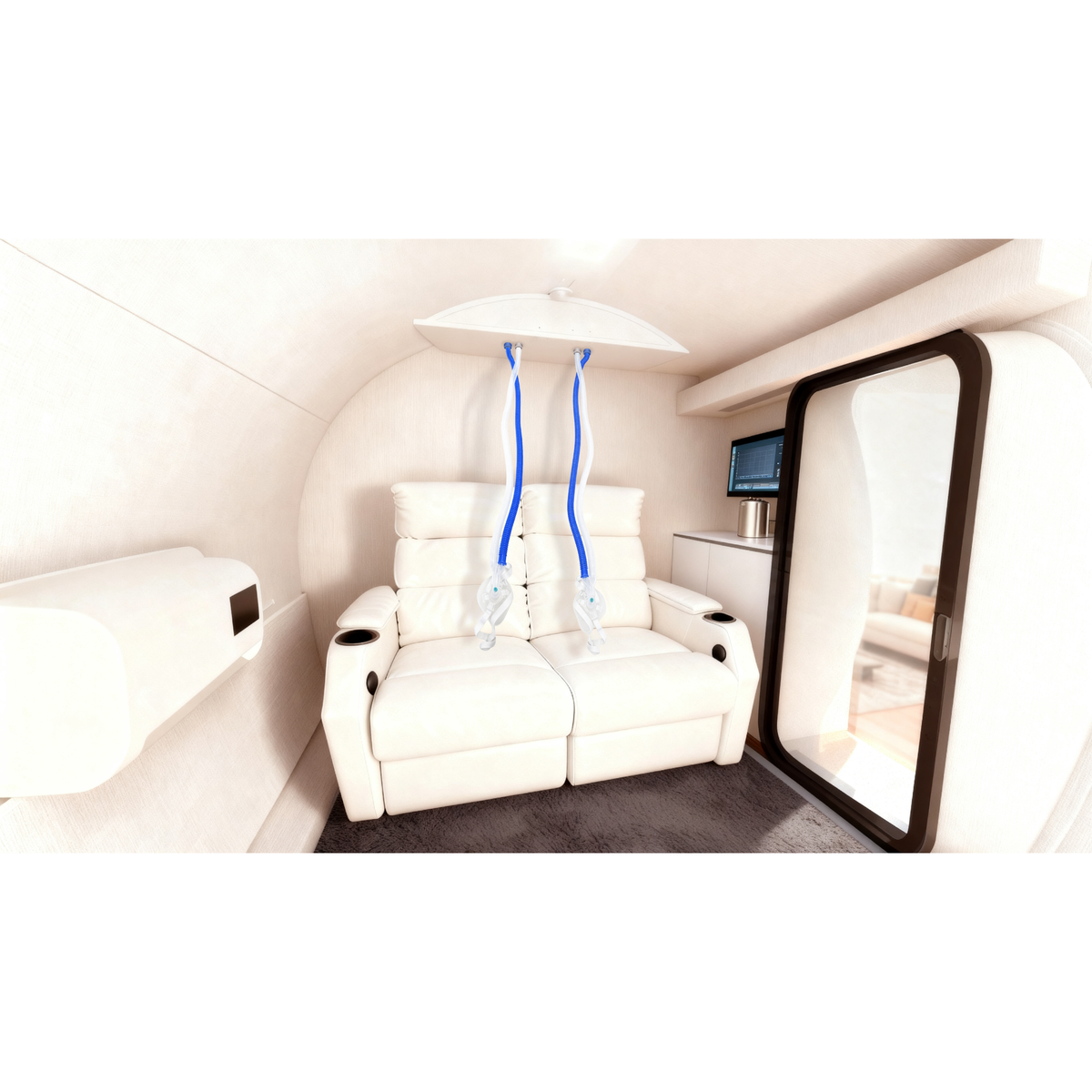 Oxyair OLV-YZM01 Two-Person 2.0 ATA Hard-Shell Multiplace Hyperbaric Chamber – interior with a two-seat sofa