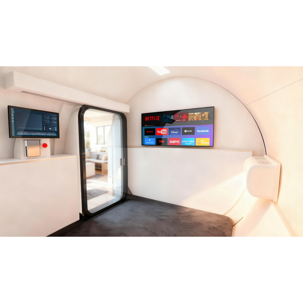 Oxyair OLV-YZM01 Two-Person 2.0 ATA Hard-Shell Multiplace Hyperbaric Chamber – interior with a wall display