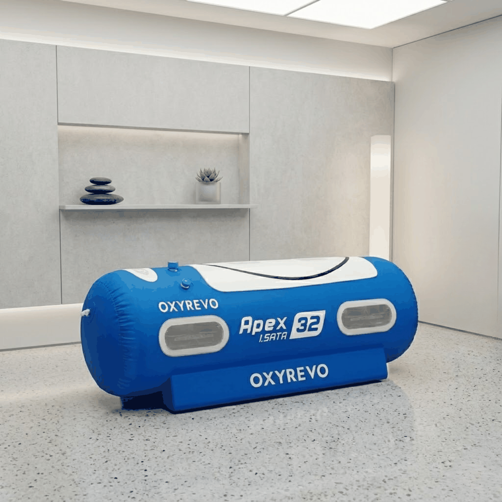 OxyRevo Apex family portable soft hyperbaric chamber, blue three-quarter view in a modern room, representative photo (Apex 32 model shown)