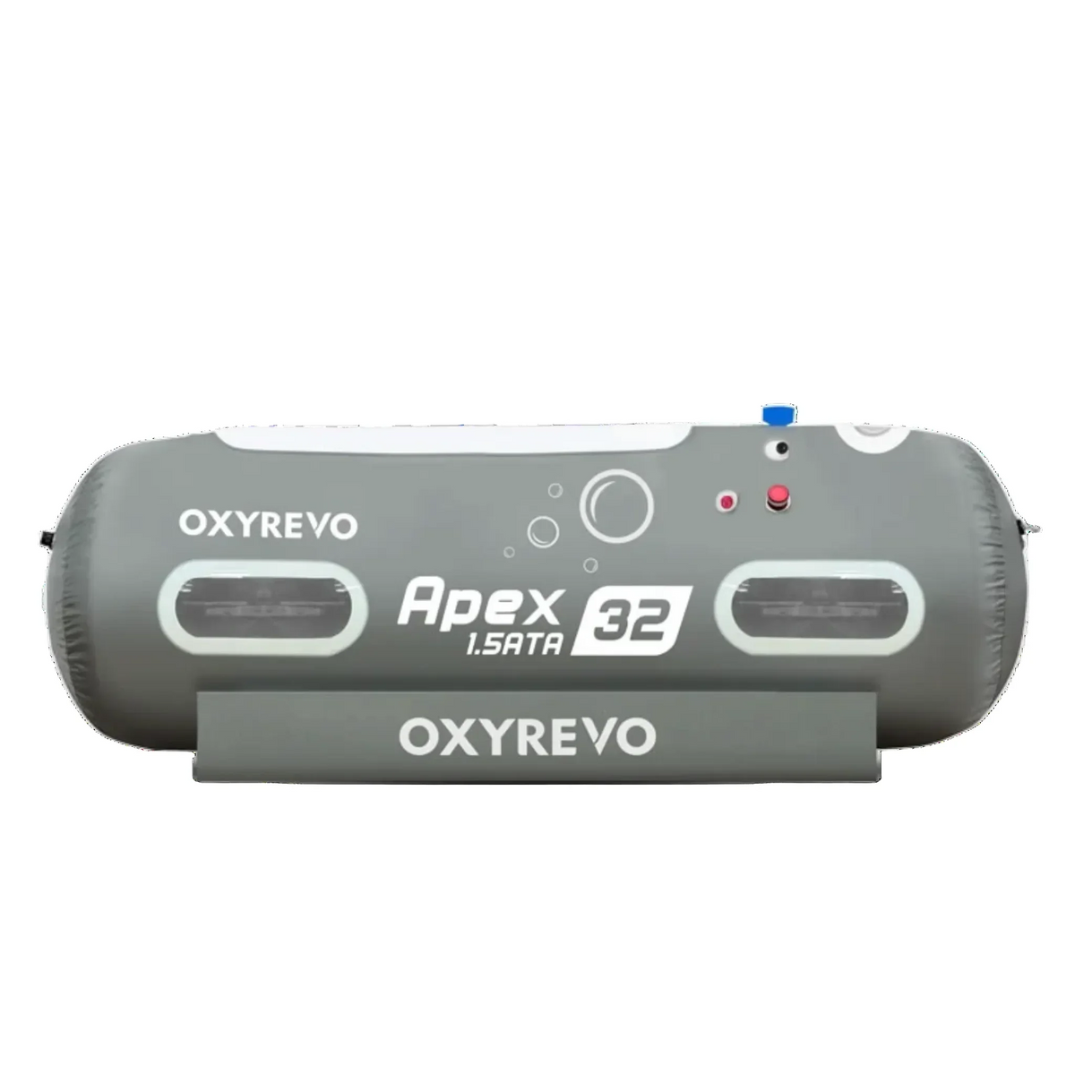 OxyRevo Apex family portable soft hyperbaric chamber, gray side view with indicator lights, representative photo (Apex 32 model shown)