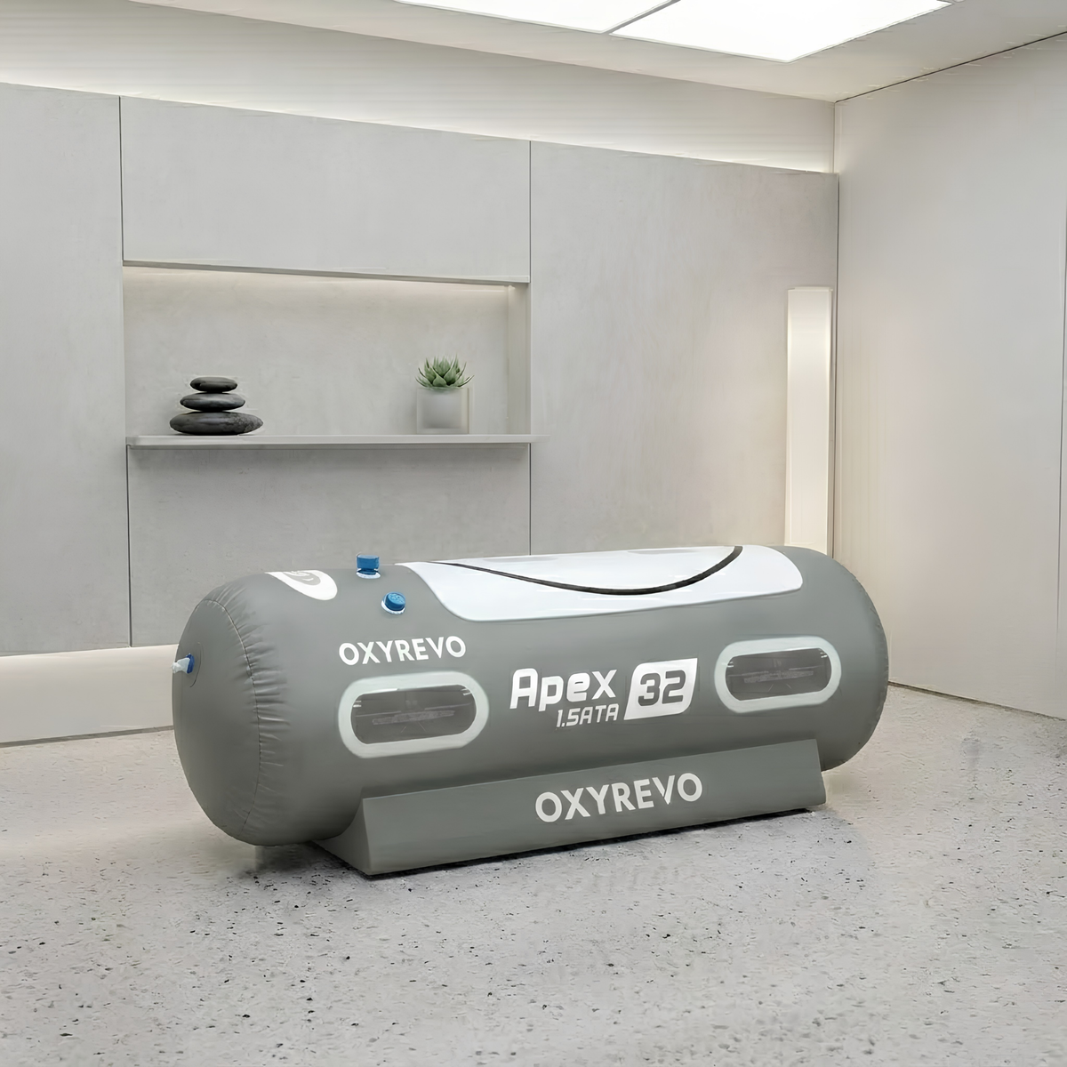 OxyRevo Apex32 Portable Soft Hyperbaric Chamber – gray chamber in a modern room