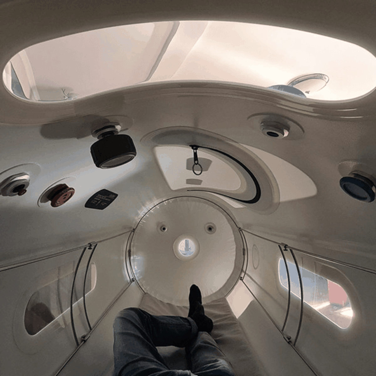 OxyRevo Apex family portable soft hyperbaric chamber, view from inside the chamber, representative photo