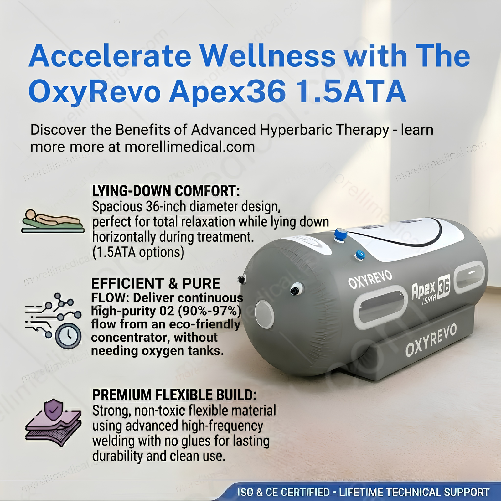 OxyRevo Apex36 Portable Soft Hyperbaric Chamber – feature graphic for the Apex36 at 1.5 ATA