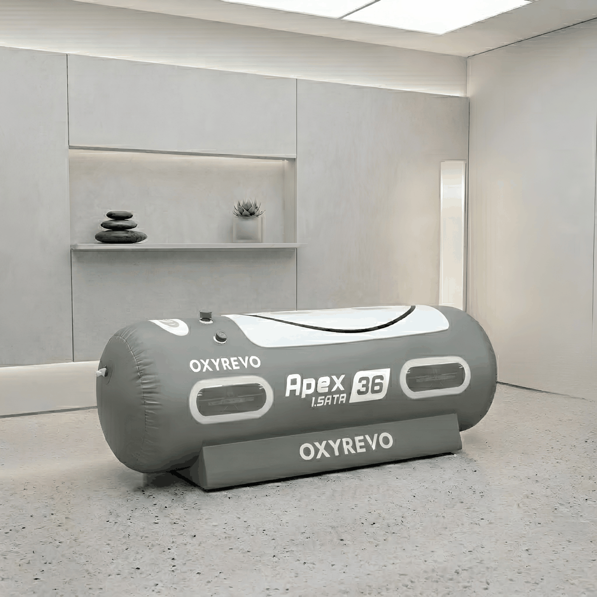 OxyRevo Apex36 Portable Soft Hyperbaric Chamber – gray chamber in a modern room