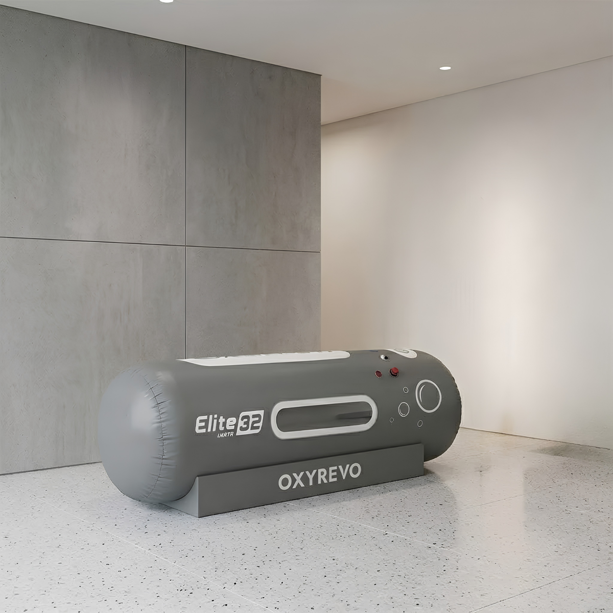 OxyRevo Elite32 Portable Soft Hyperbaric Chamber – gray chamber in a modern room