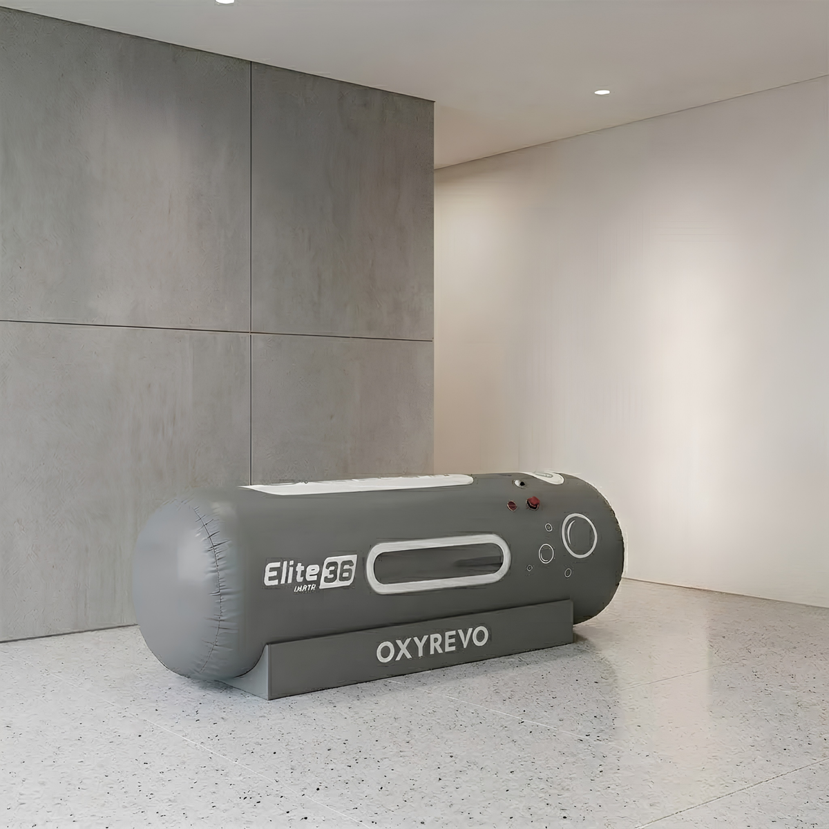 OxyRevo Elite36 Portable Soft Hyperbaric Chamber – gray chamber in a modern room