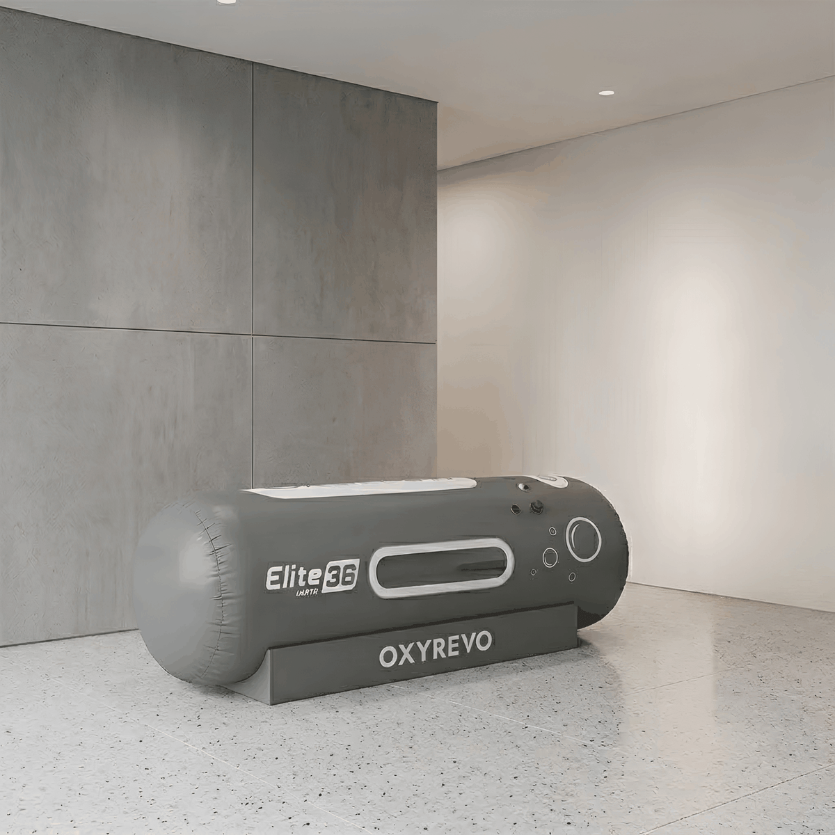 OxyRevo Elite36 Portable Soft Hyperbaric Chamber – gray chamber in a modern room