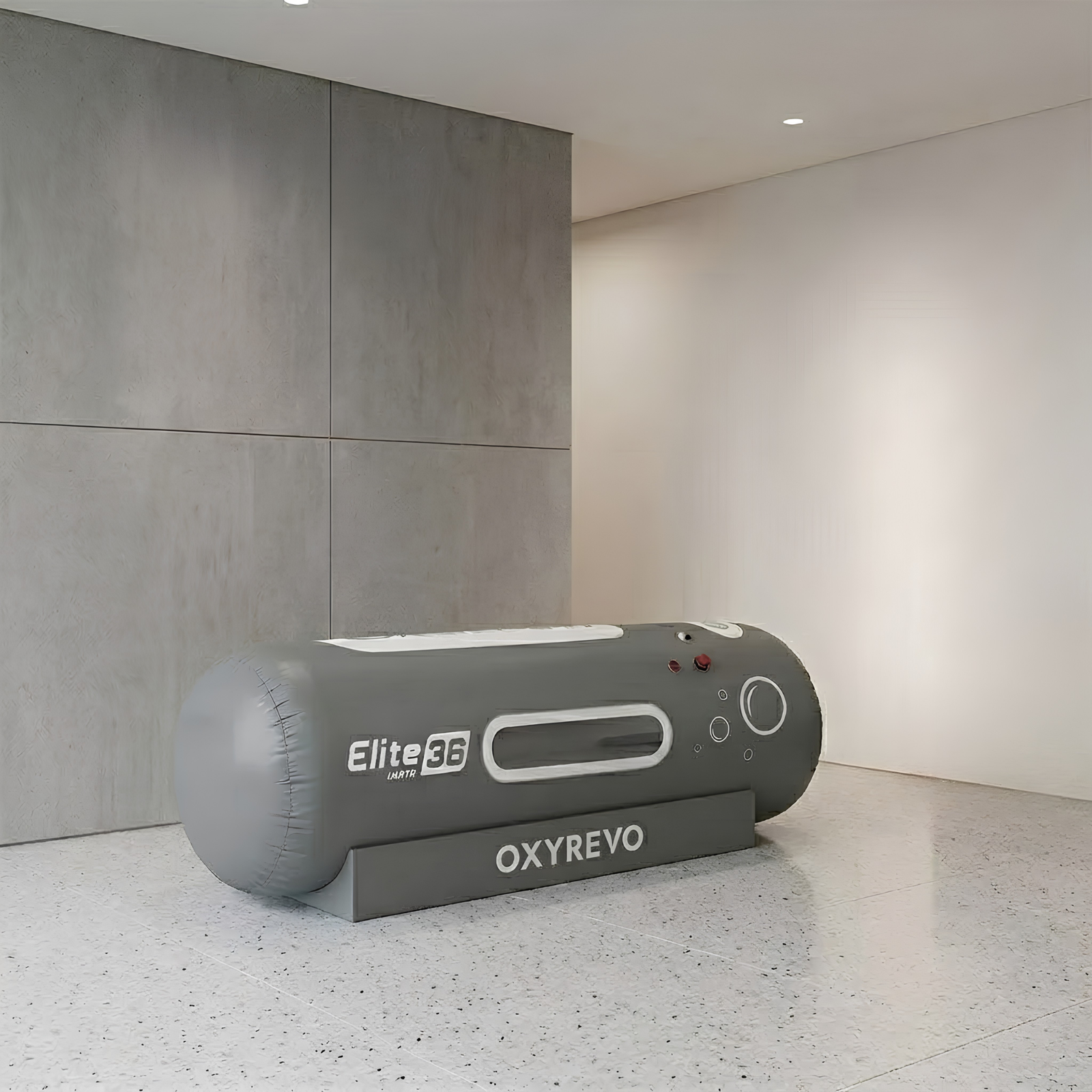 OxyRevo Elite36 Portable Soft Hyperbaric Chamber – gray chamber in a modern room