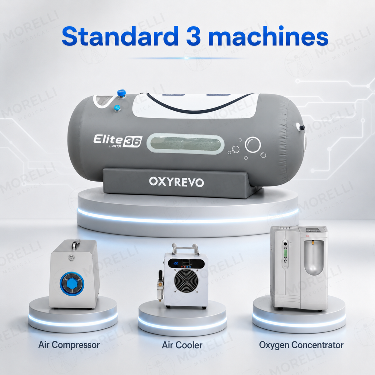 OxyRevo Elite36 Portable Soft Hyperbaric Chamber – standard three-machine setup