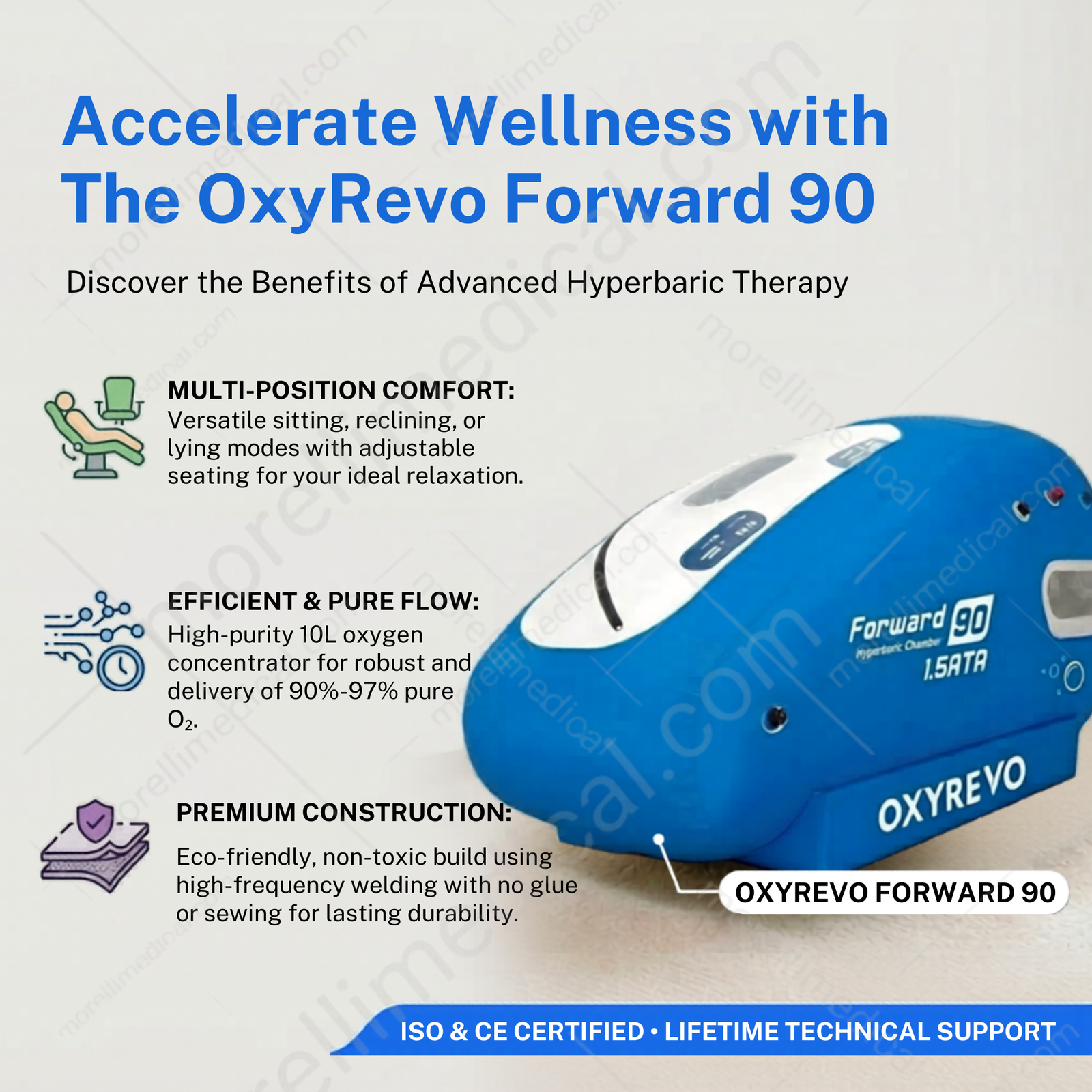 OxyRevo Forward90 MINI Portable Sitting Hyperbaric Chamber – feature graphic for the Forward90 with a blue chamber