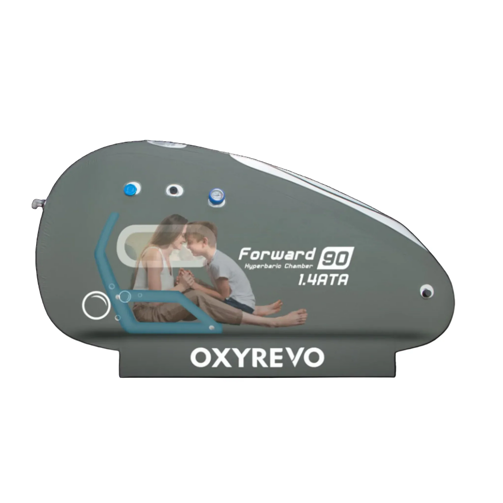 OxyRevo Forward90 MINI Portable Sitting Hyperbaric Chamber – illustration of a person inside the chamber