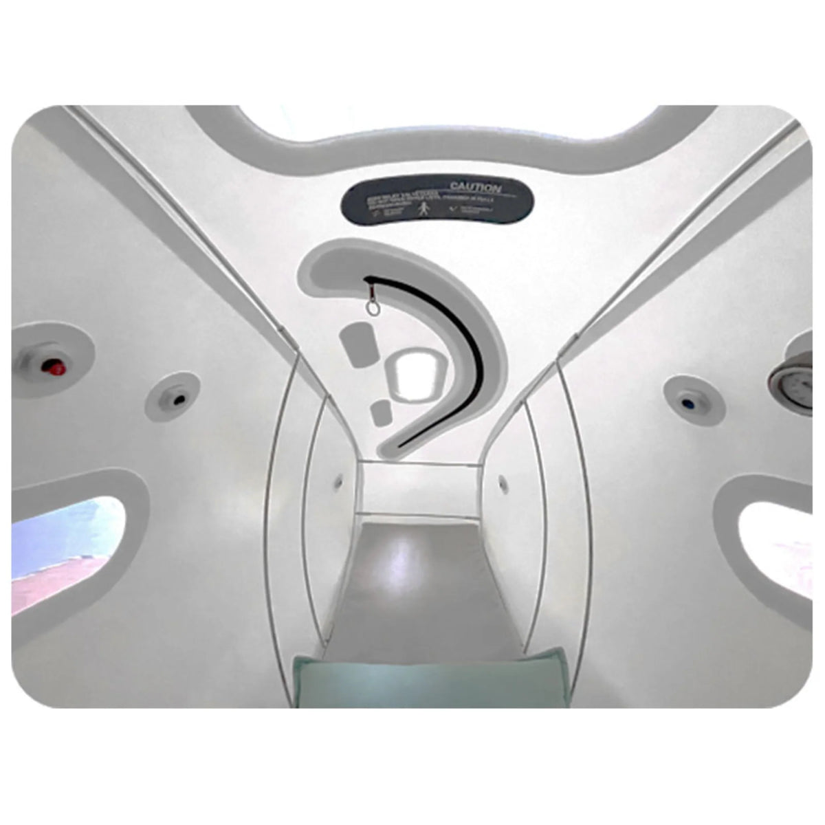 OxyRevo Forward90 MINI Portable Sitting Hyperbaric Chamber – interior looking toward the round window