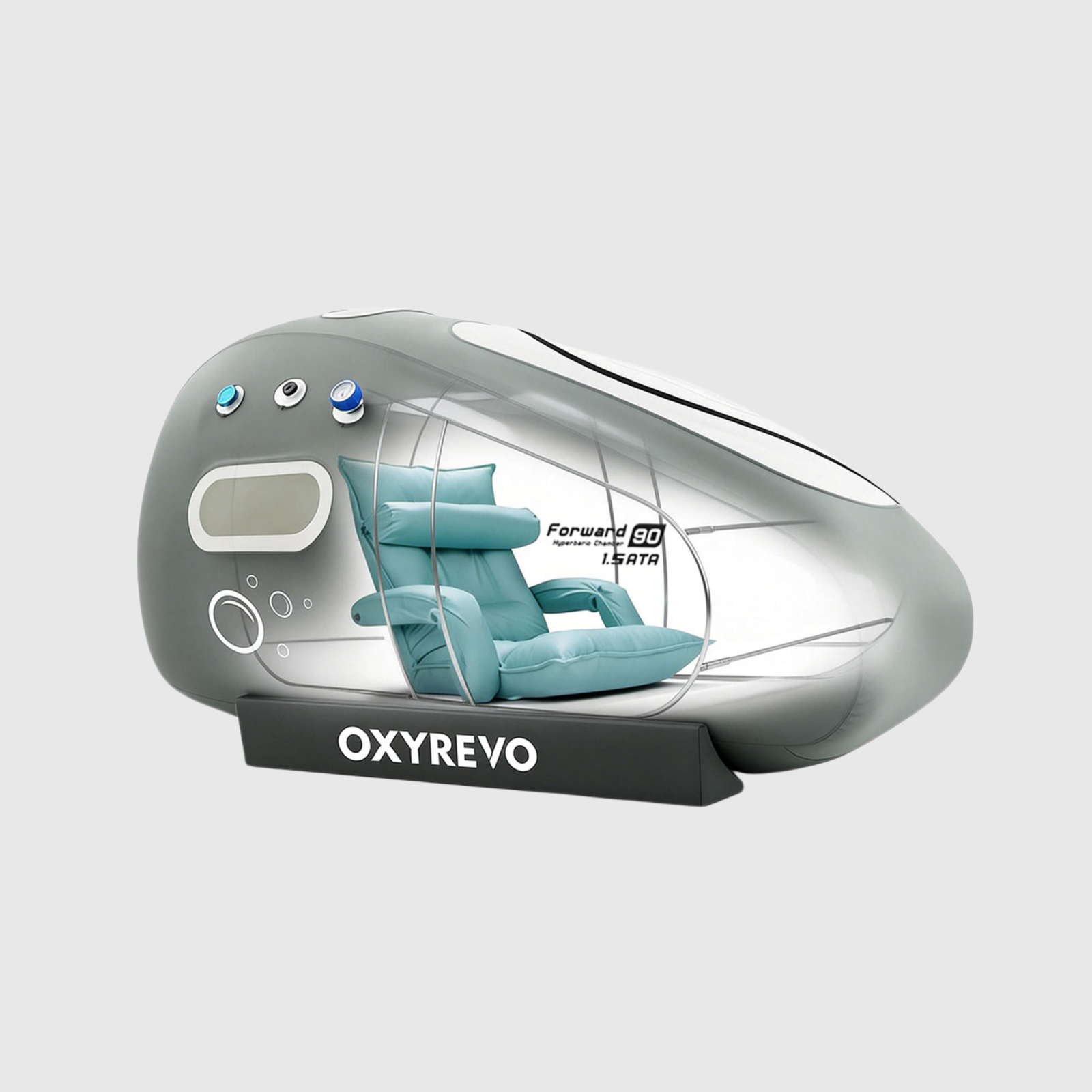 OxyRevo Forward90 Portable Sitting Hyperbaric Chamber – cutaway of the interior with a reclining chair