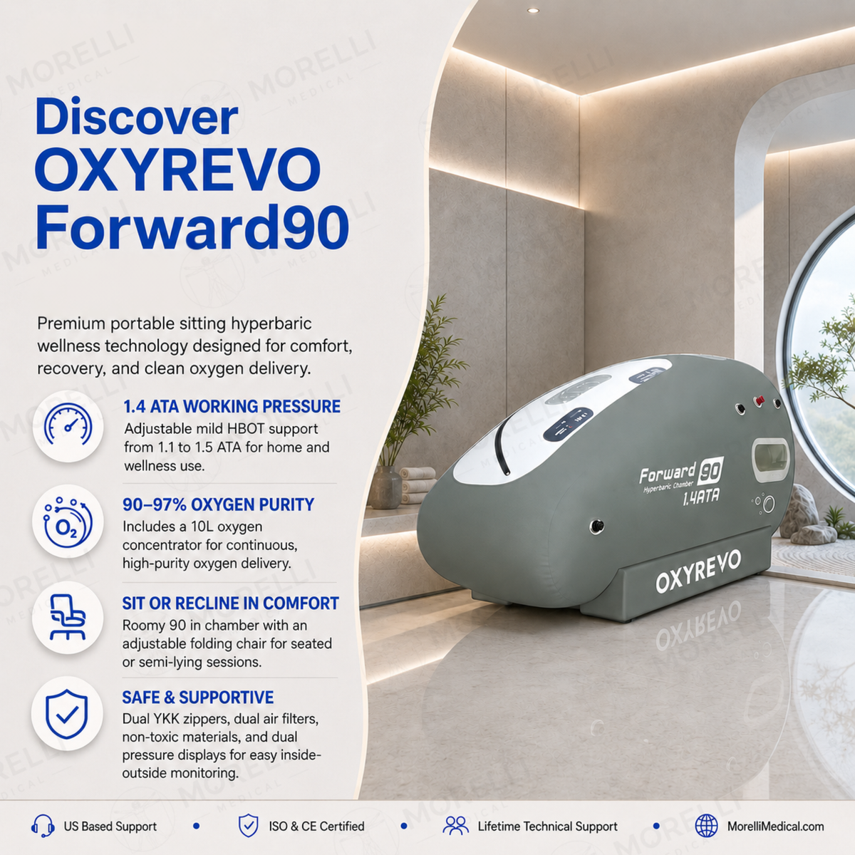OxyRevo Forward90 Portable Sitting Hyperbaric Chamber – feature graphic in a modern room