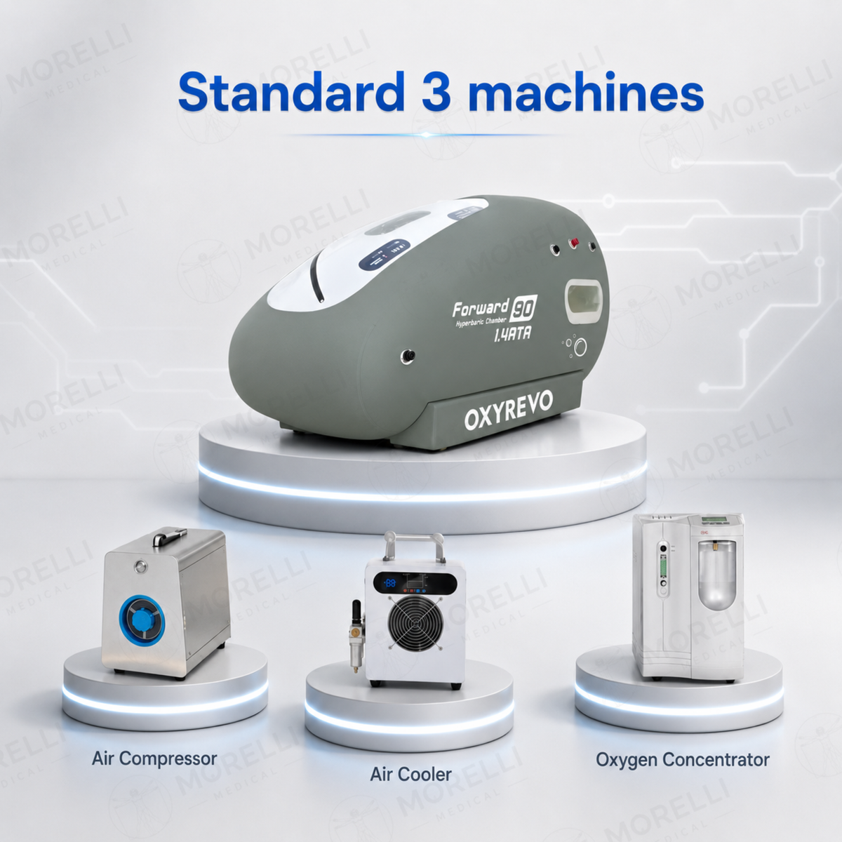OxyRevo Forward90 Portable Sitting Hyperbaric Chamber – standard three-machine setup