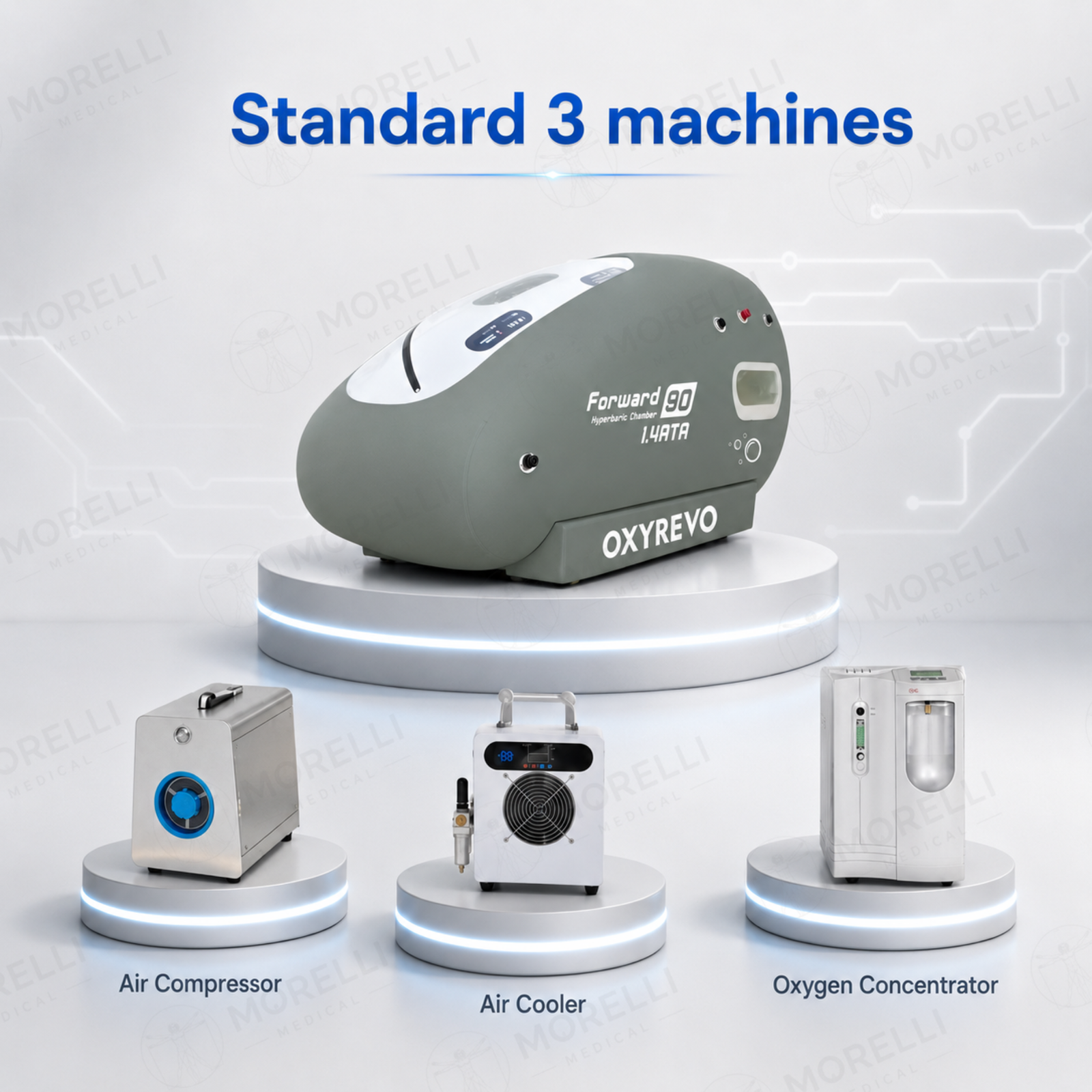 OxyRevo Forward90 Portable Sitting Hyperbaric Chamber – standard three-machine setup
