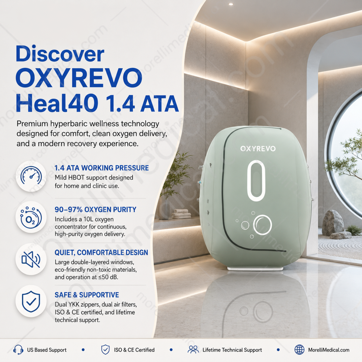 OxyRevo Heal40 Wheelchair-Accessible Hyperbaric Chamber – feature graphic for the Heal40 at 1.4 ATA