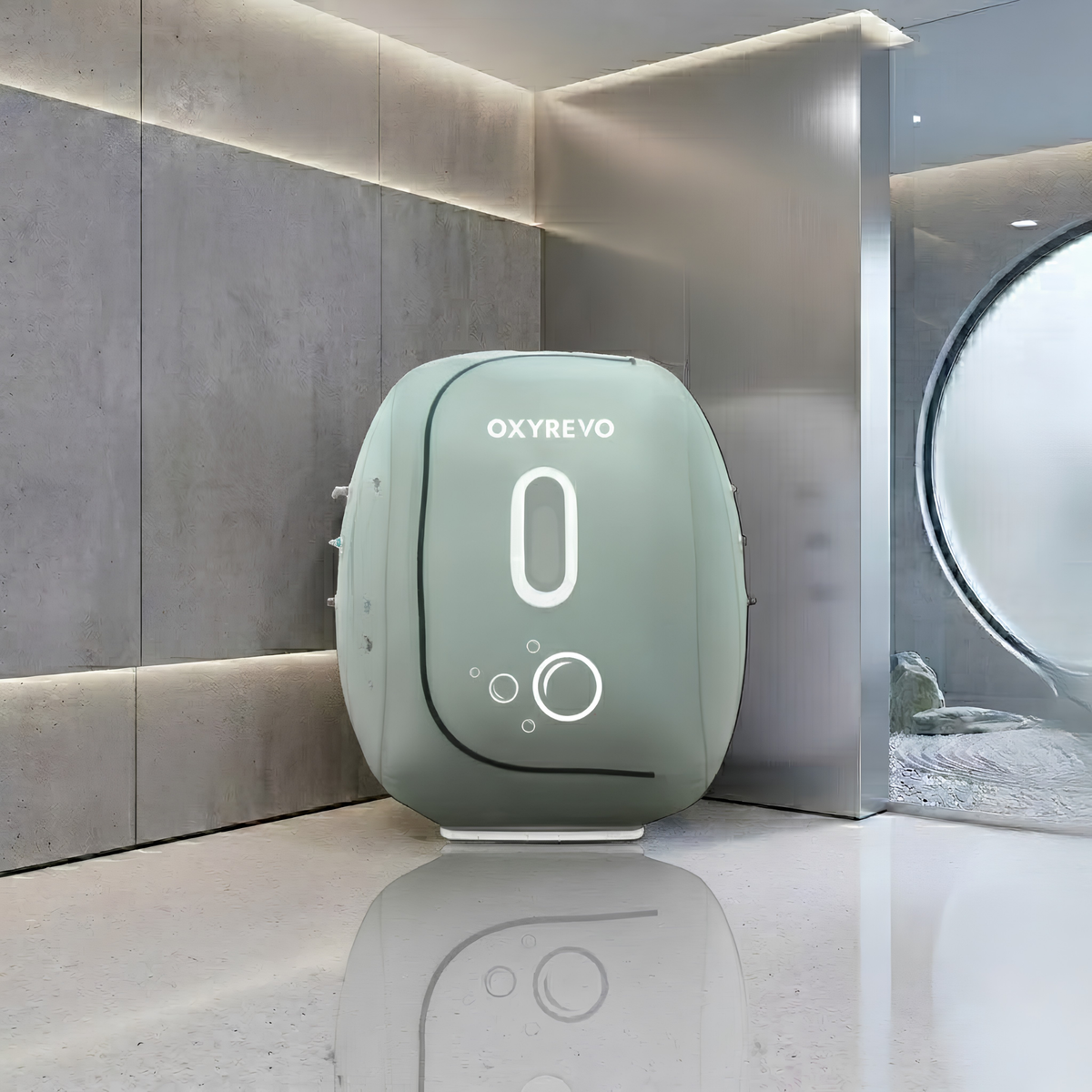 OxyRevo Heal40 Wheelchair-Accessible Hyperbaric Chamber – sage green chamber in a modern room