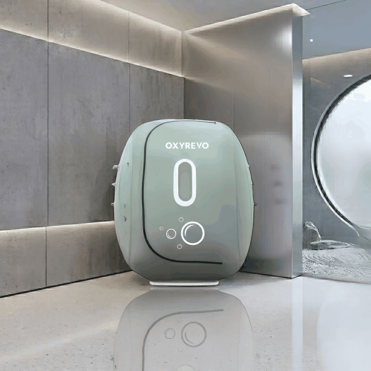 OxyRevo Heal40 Wheelchair-Accessible Hyperbaric Chamber – sage green chamber in a modern room