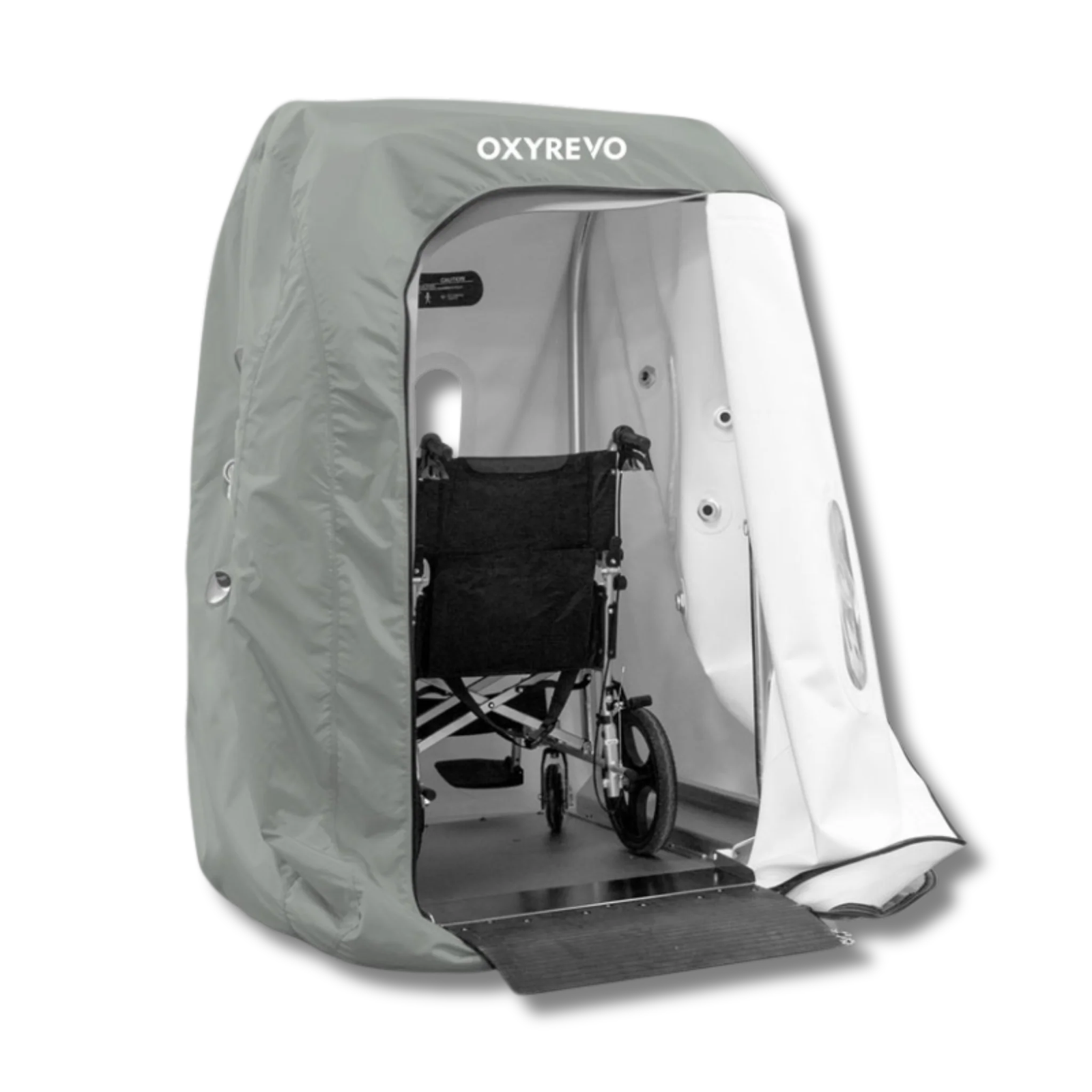 OxyRevo Heal40 Wheelchair-Accessible Hyperbaric Chamber – wheelchair inside the open chamber