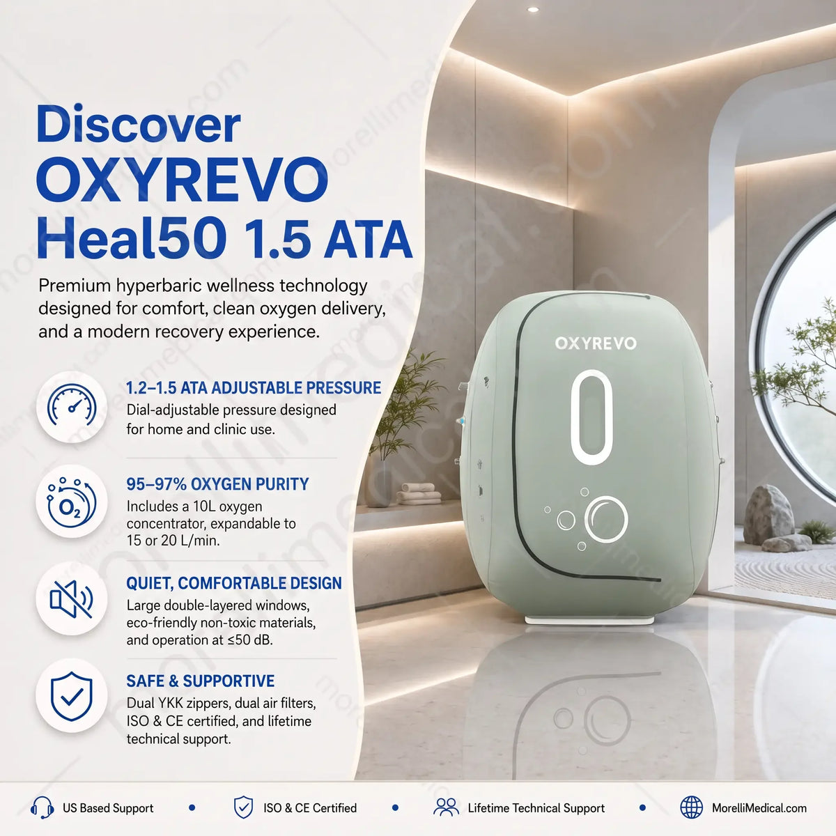 OxyRevo Heal50 Wheelchair-Accessible Soft Hyperbaric Chamber – feature graphic for the Heal50 at 1.5 ATA