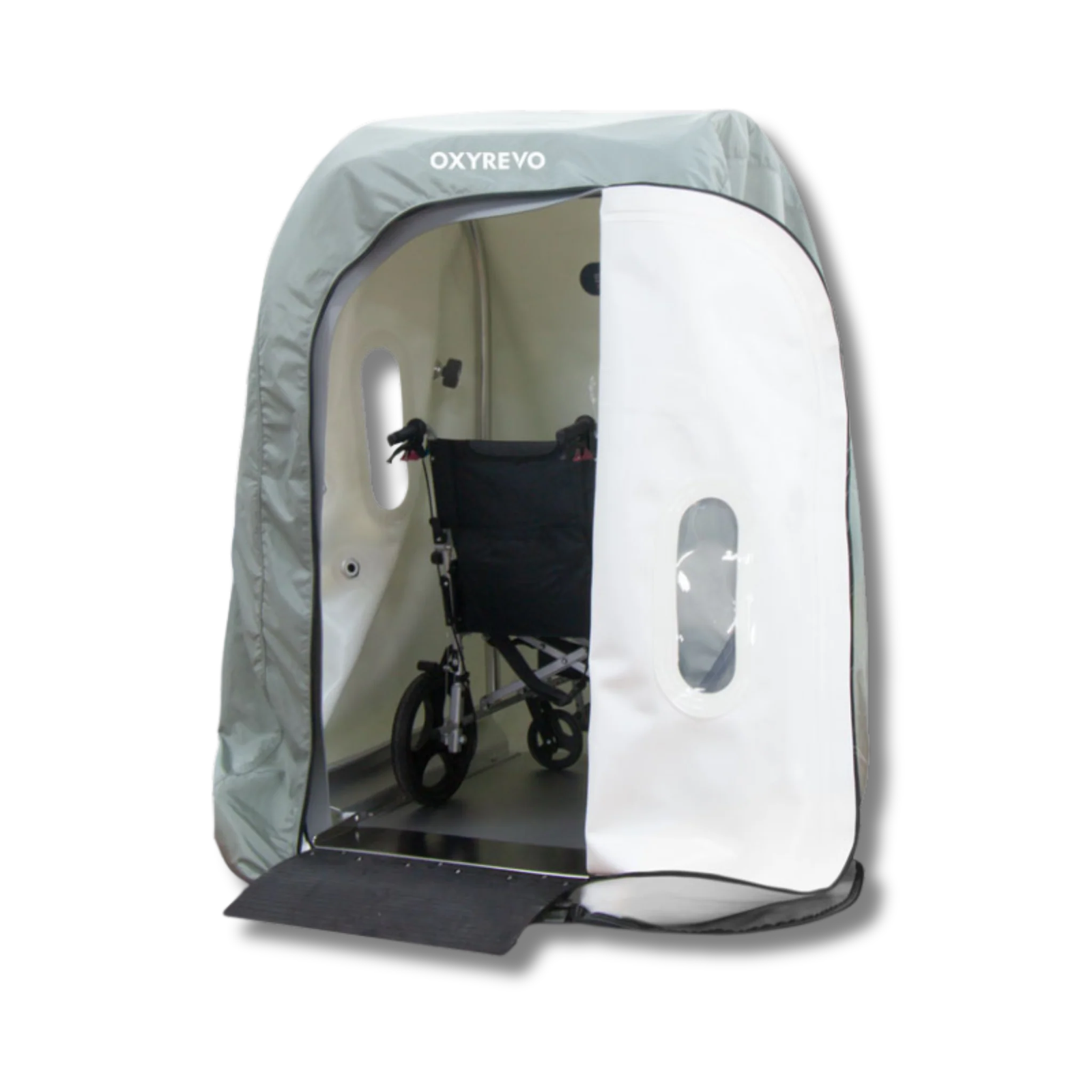 OxyRevo Heal50 Wheelchair-Accessible Soft Hyperbaric Chamber – open door with a wheelchair inside