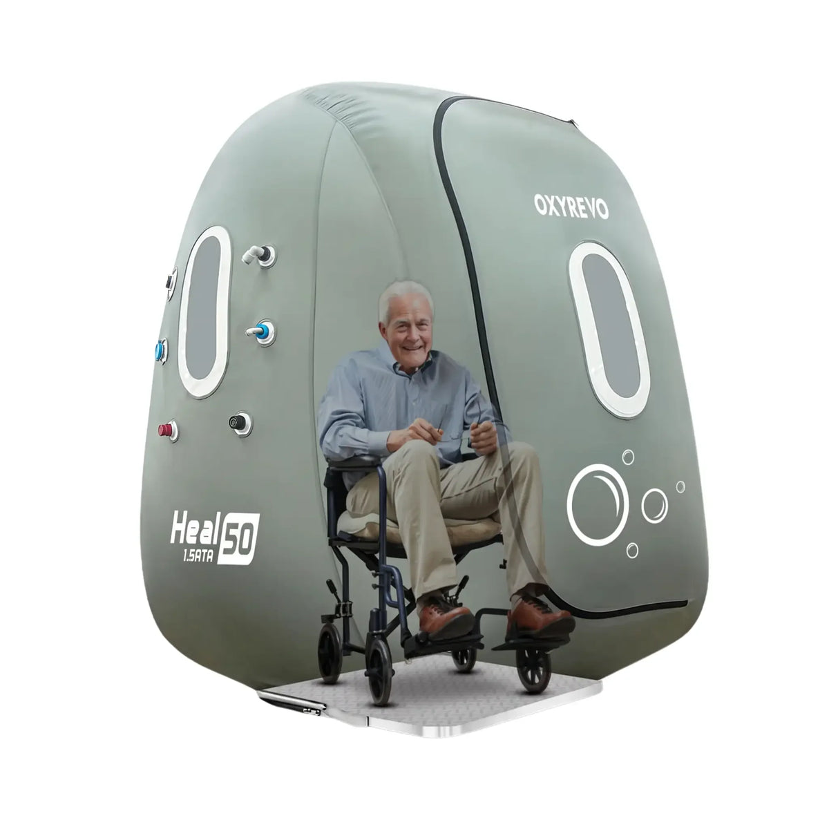 OxyRevo Heal50 Wheelchair-Accessible Soft Hyperbaric Chamber – person seated in a wheelchair beside the chamber