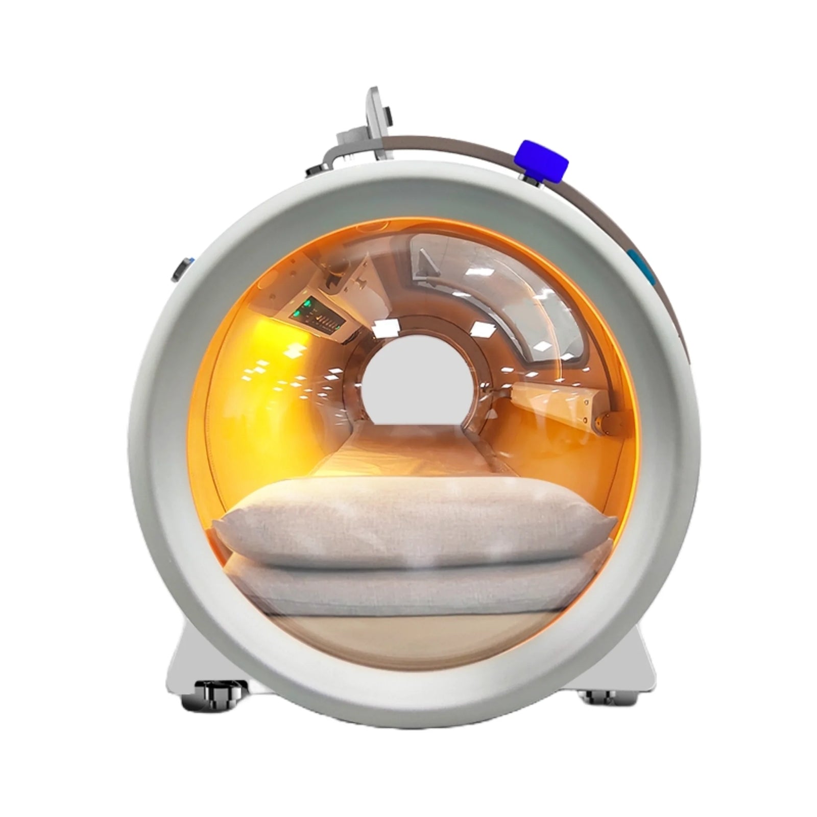 OxyRevo Quest30 Hard-Shell Hyperbaric Chamber – end view with round window and mattress