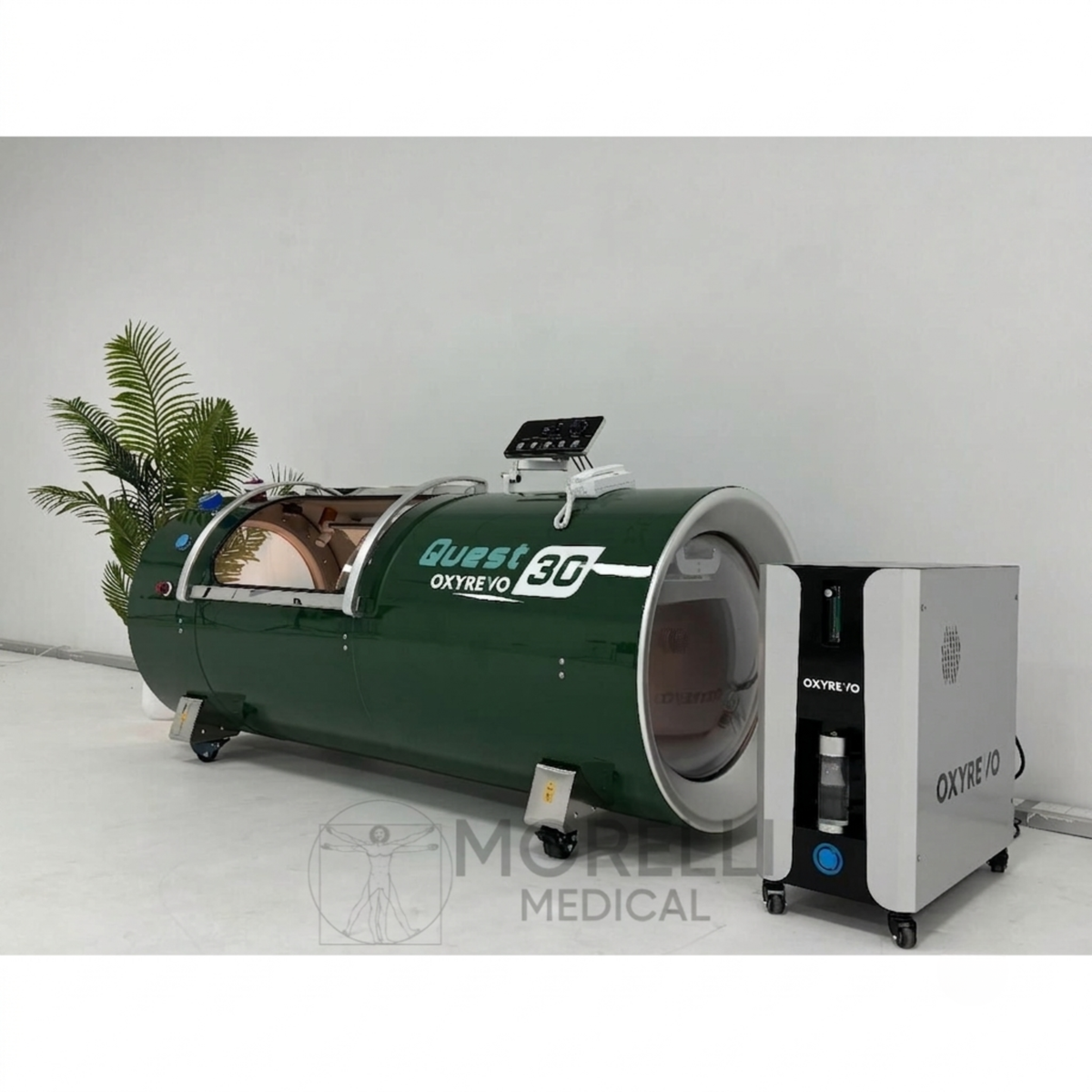 OxyRevo Quest30 Hard-Shell Hyperbaric Chamber – green chamber beside its machine