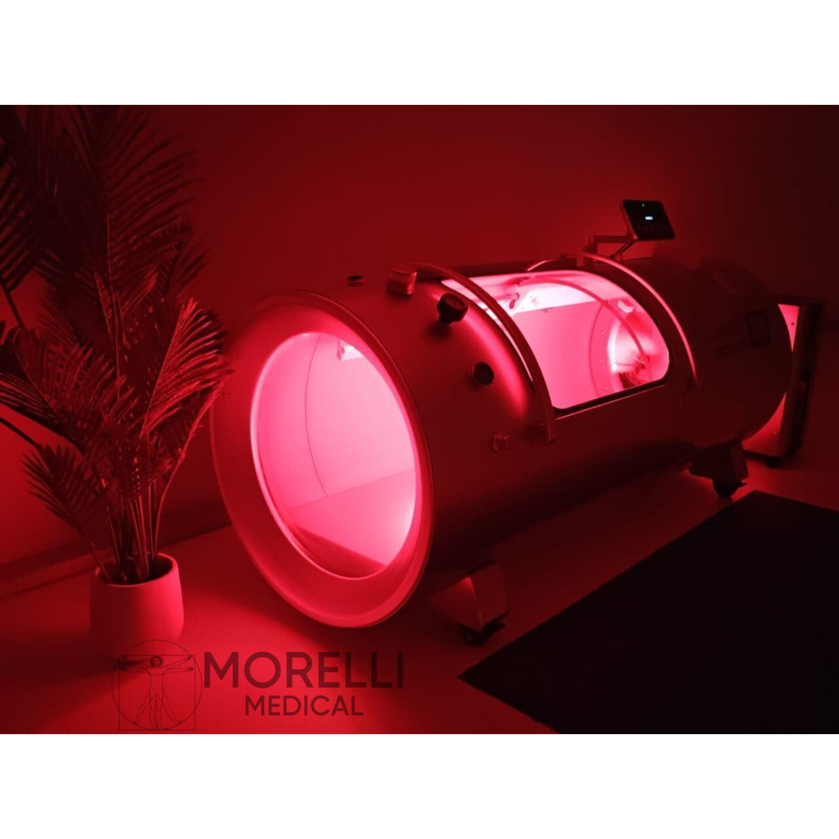 OxyRevo Quest30 Hard-Shell Hyperbaric Chamber – red light glowing through the window