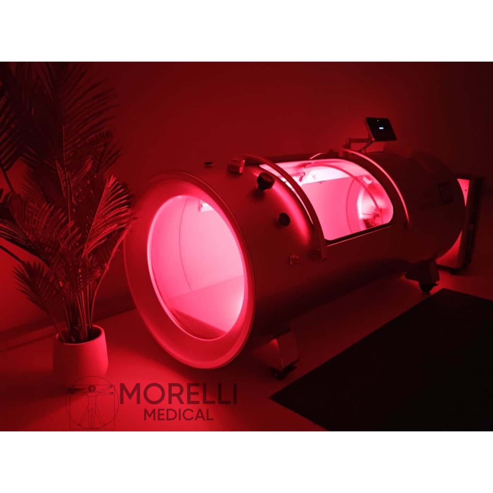 OxyRevo Quest30 Hard-Shell Hyperbaric Chamber – red light glowing through the window