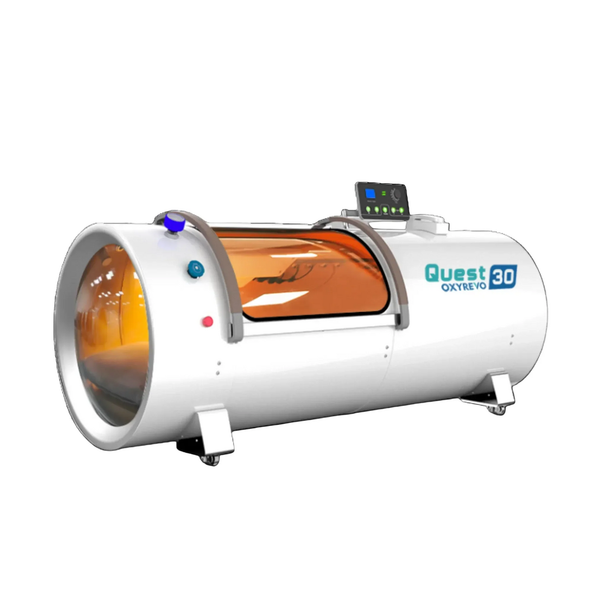 OxyRevo Quest30 Hard-Shell Hyperbaric Chamber – white chamber at an angle