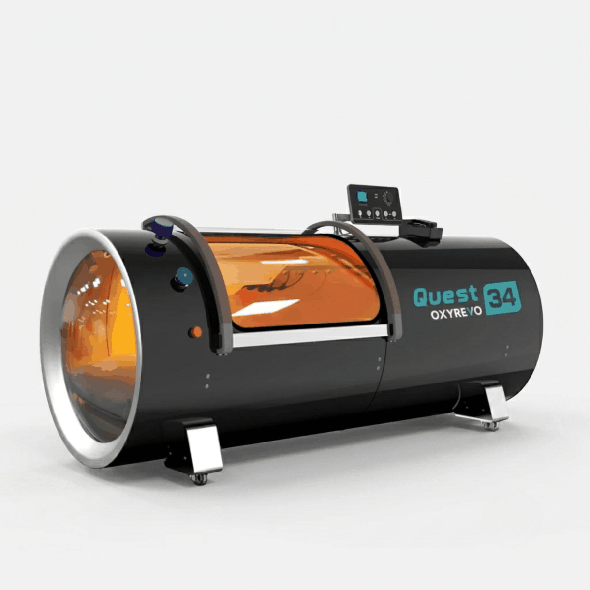OxyRevo Quest34 Hard-Shell Hyperbaric Chamber – black chamber at an angle