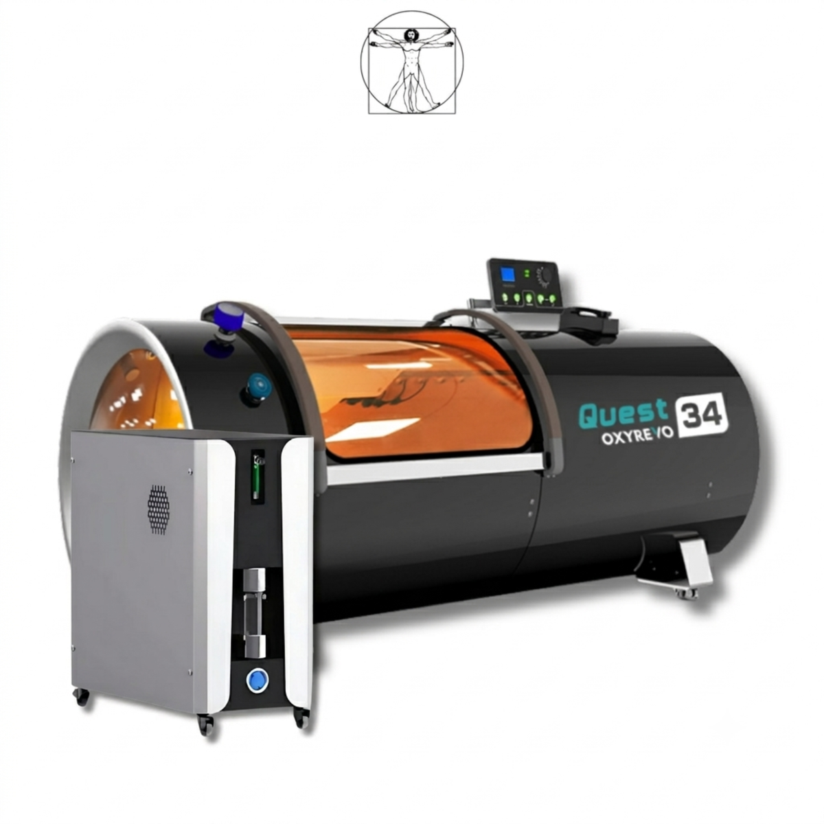 OxyRevo Quest34 Hard-Shell Hyperbaric Chamber – black chamber beside a large machine