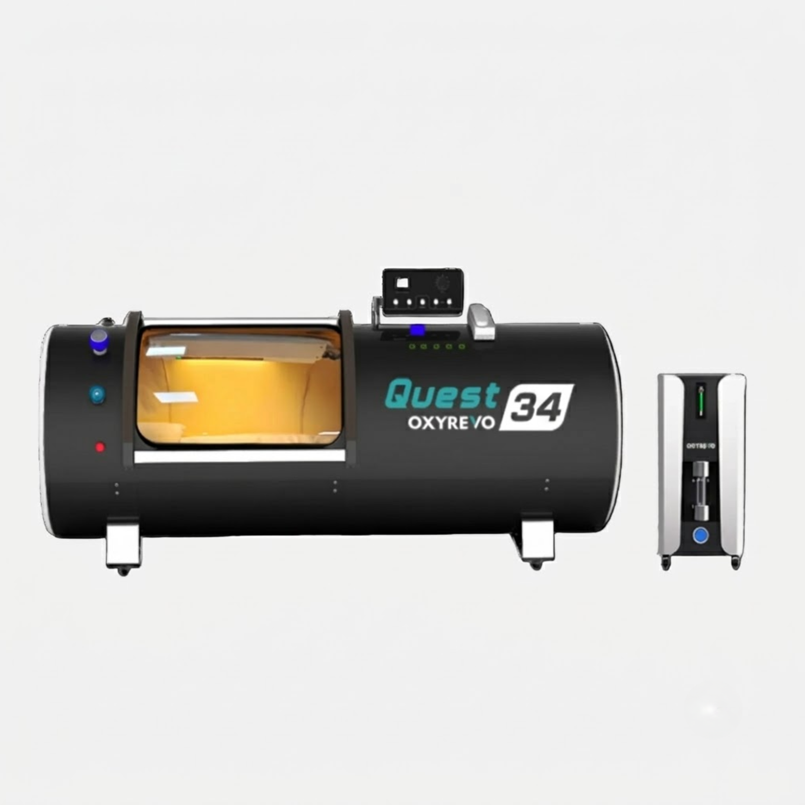 OxyRevo Quest34 Hard-Shell Hyperbaric Chamber – black chamber with a machine