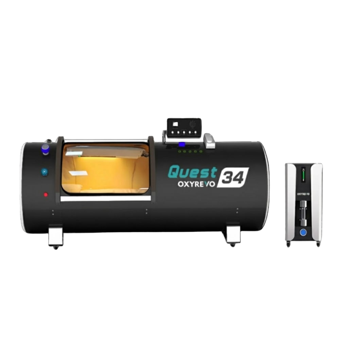 OxyRevo Quest34 Hard-Shell Hyperbaric Chamber – black chamber with its all-in-one machine