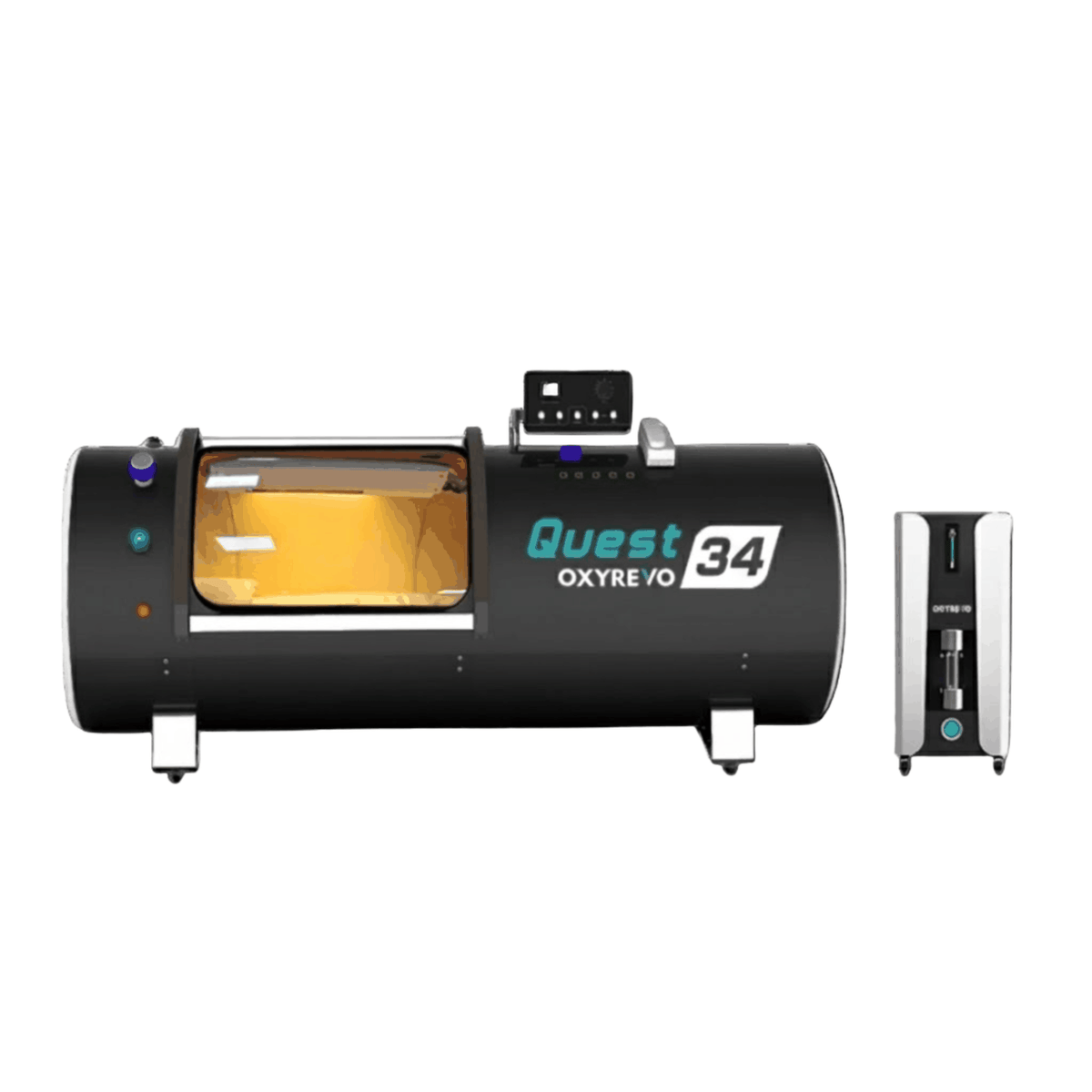 OxyRevo Quest34 Hard-Shell Hyperbaric Chamber – black chamber with its all-in-one machine