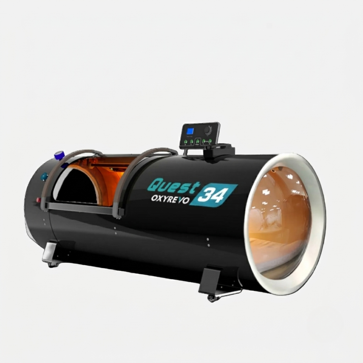 OxyRevo Quest34 Hard-Shell Hyperbaric Chamber – black chamber with open end