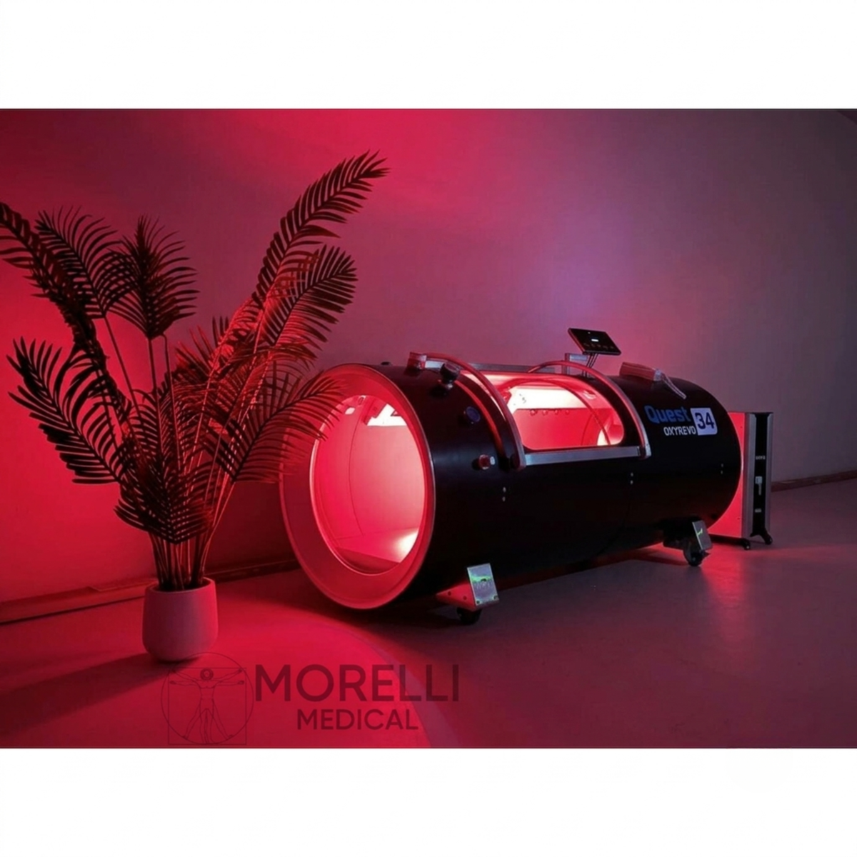 OxyRevo Quest34 Hard-Shell Hyperbaric Chamber – chamber with red light glowing in a dark room