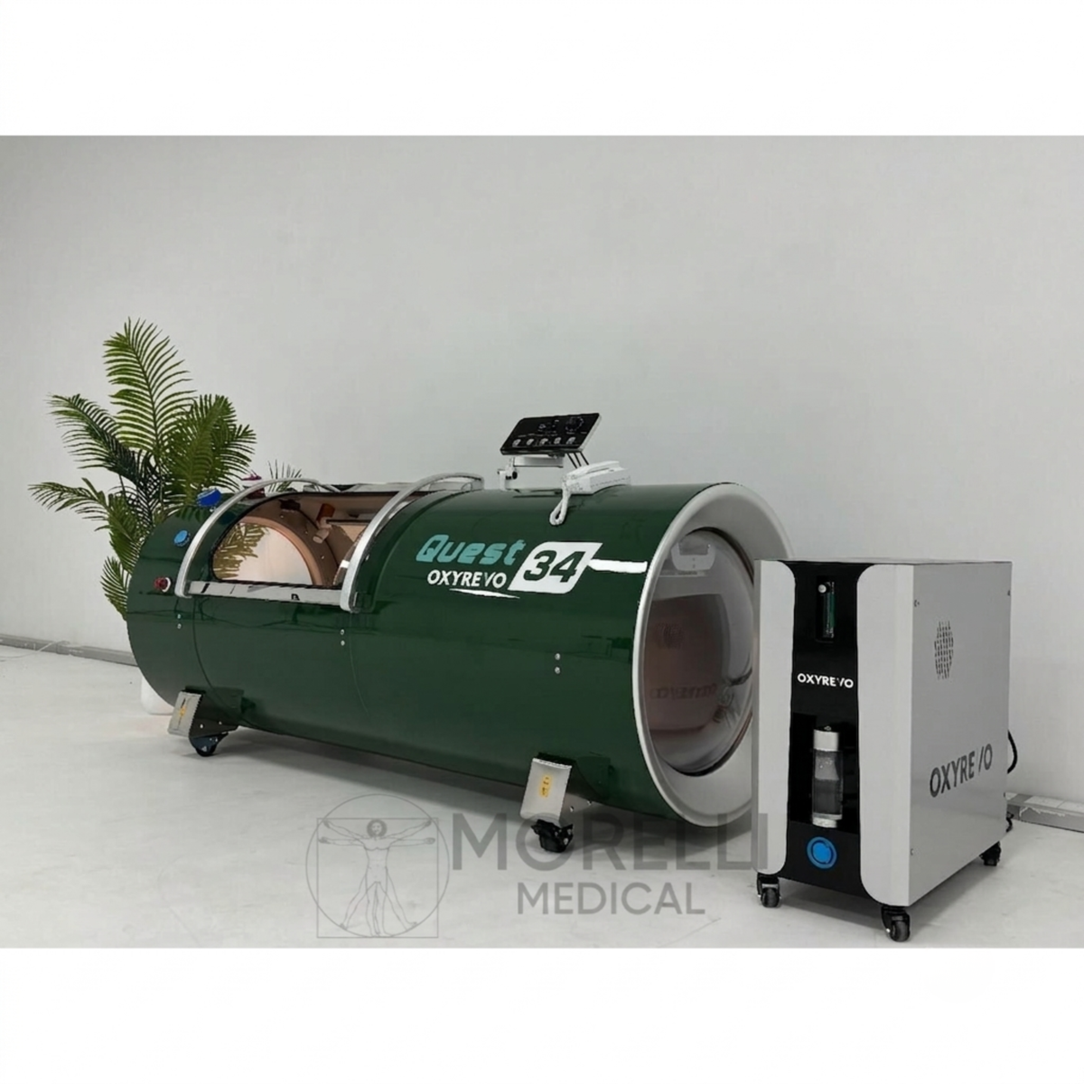 OxyRevo Quest34 Hard-Shell Hyperbaric Chamber – green chamber with its machine