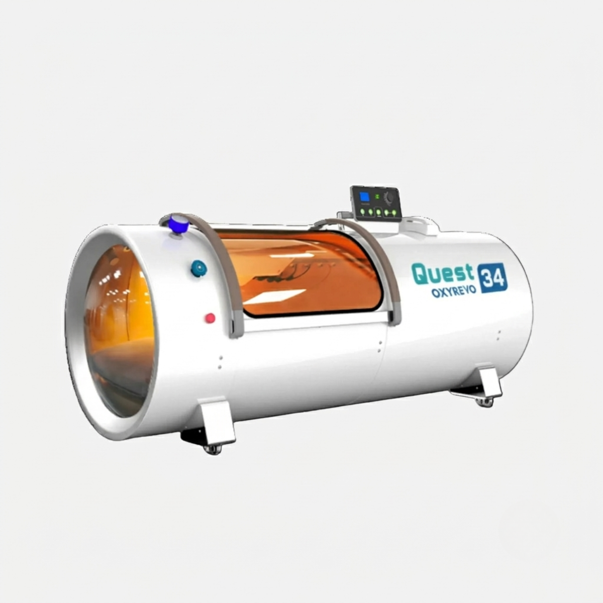 OxyRevo Quest34 Hard-Shell Hyperbaric Chamber – white chamber at an angle