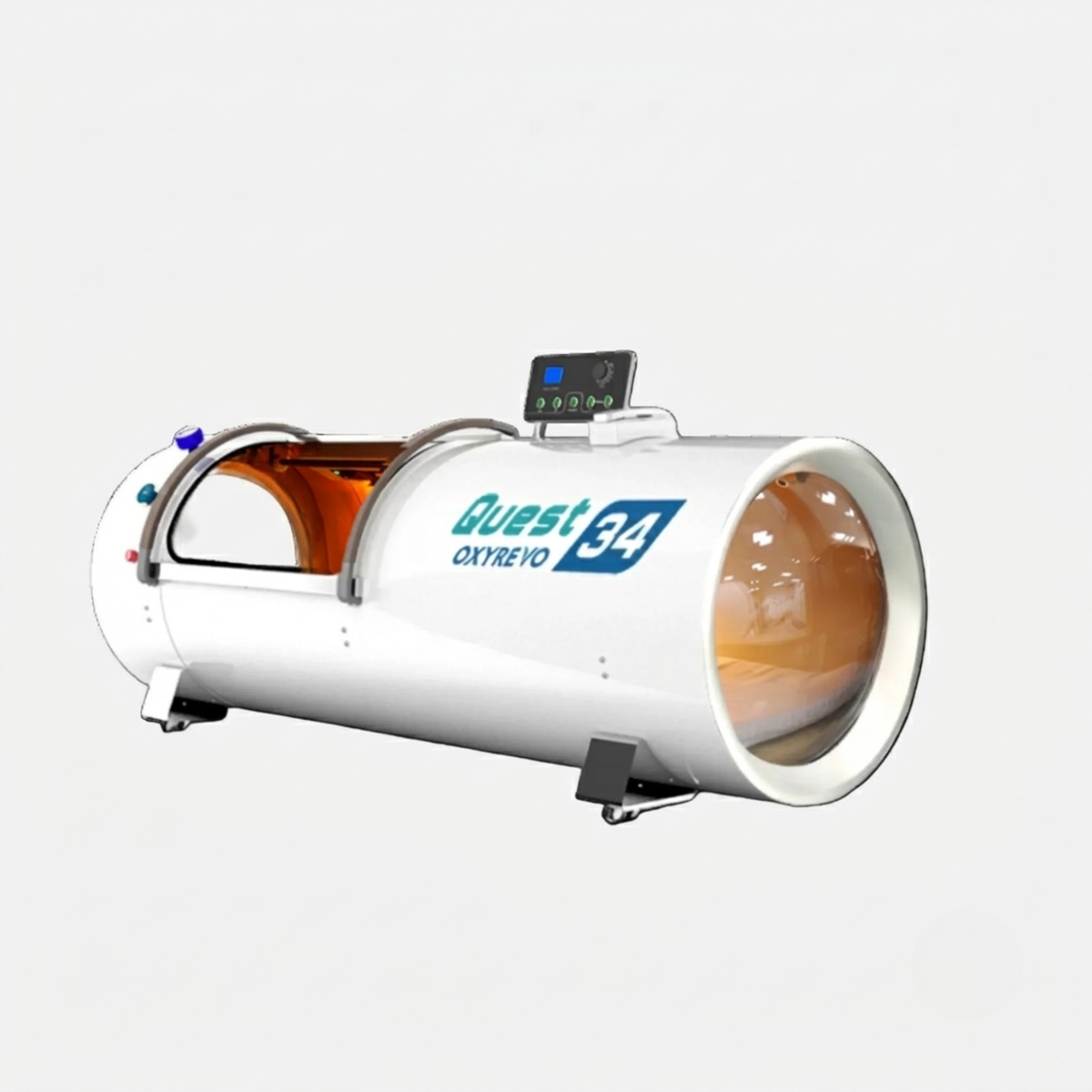 OxyRevo Quest34 Hard-Shell Hyperbaric Chamber – white chamber end and side view
