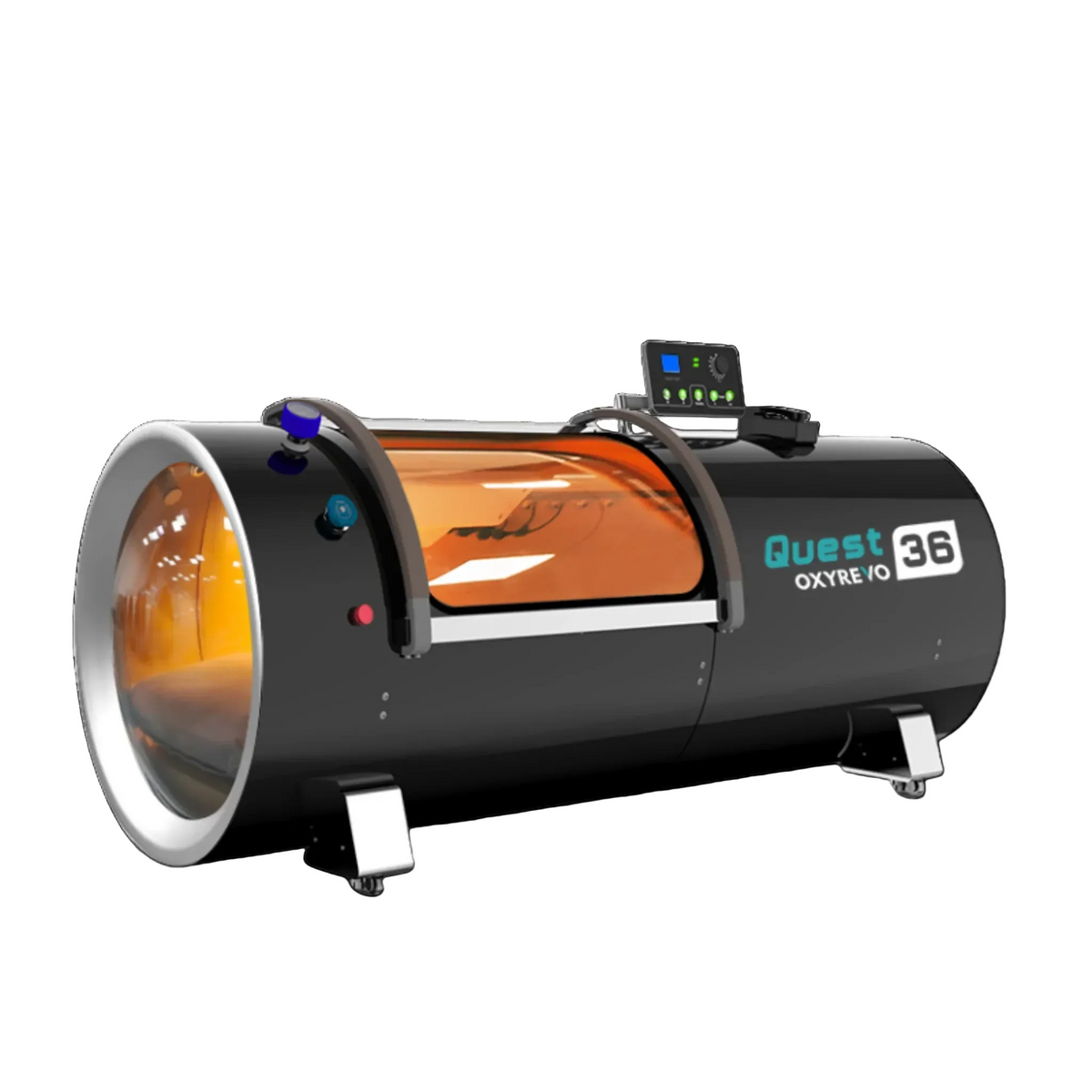 OxyRevo Quest36 Hard-Shell Hyperbaric Chamber – black chamber at an angle