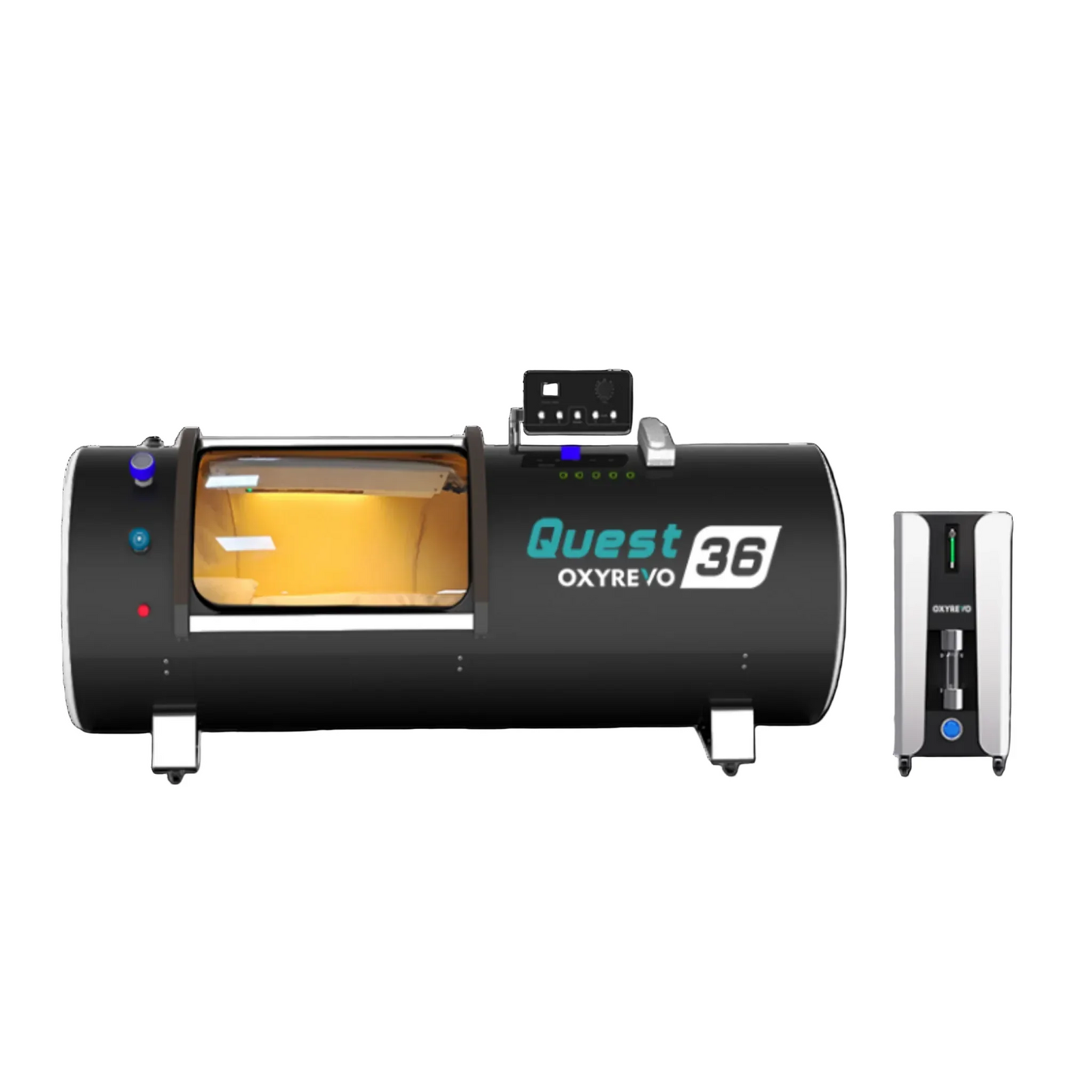 OxyRevo Quest36 Hard-Shell Hyperbaric Chamber – black chamber with its machine