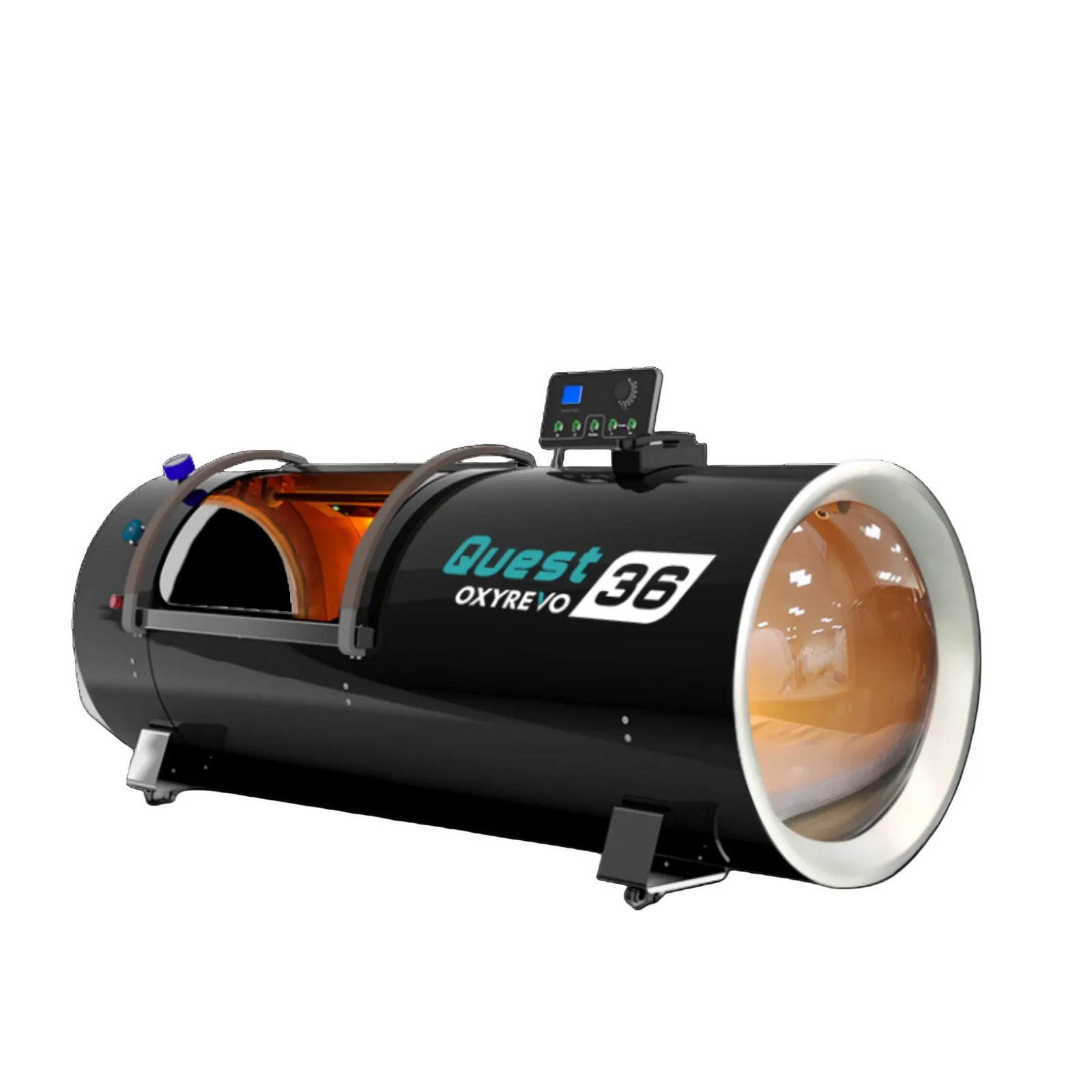 OxyRevo Quest36 Hard-Shell Hyperbaric Chamber – black chamber with open end