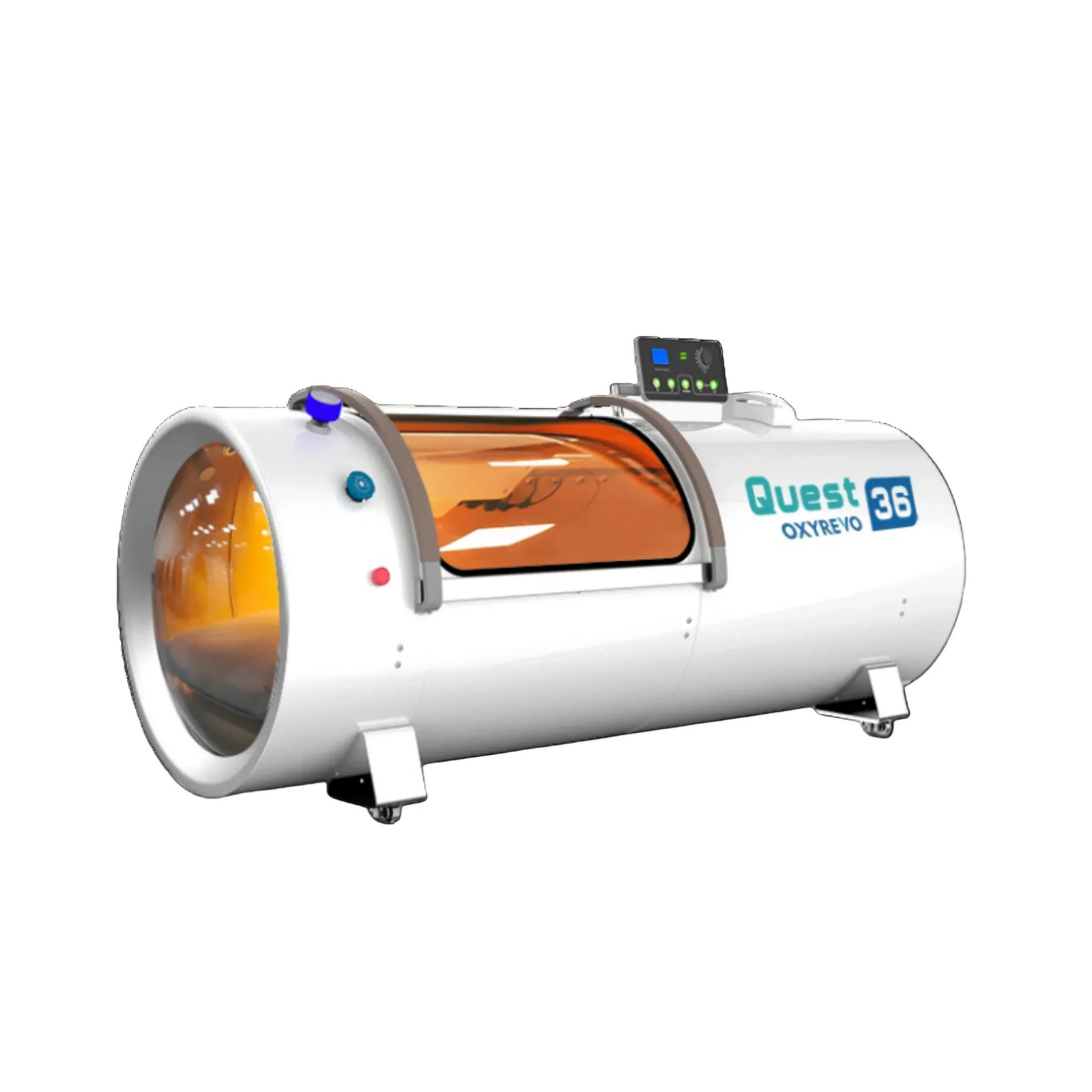 OxyRevo Quest36 Hard-Shell Hyperbaric Chamber – white chamber at an angle