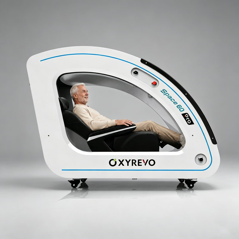 OxyRevo Space60 Pro Hard-Shell Sitting Hyperbaric Chamber – recline mode with the chair reclined