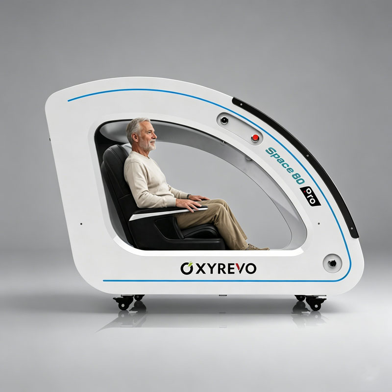 OxyRevo Space60 Pro Hard-Shell Sitting Hyperbaric Chamber – sitting mode with the chair upright