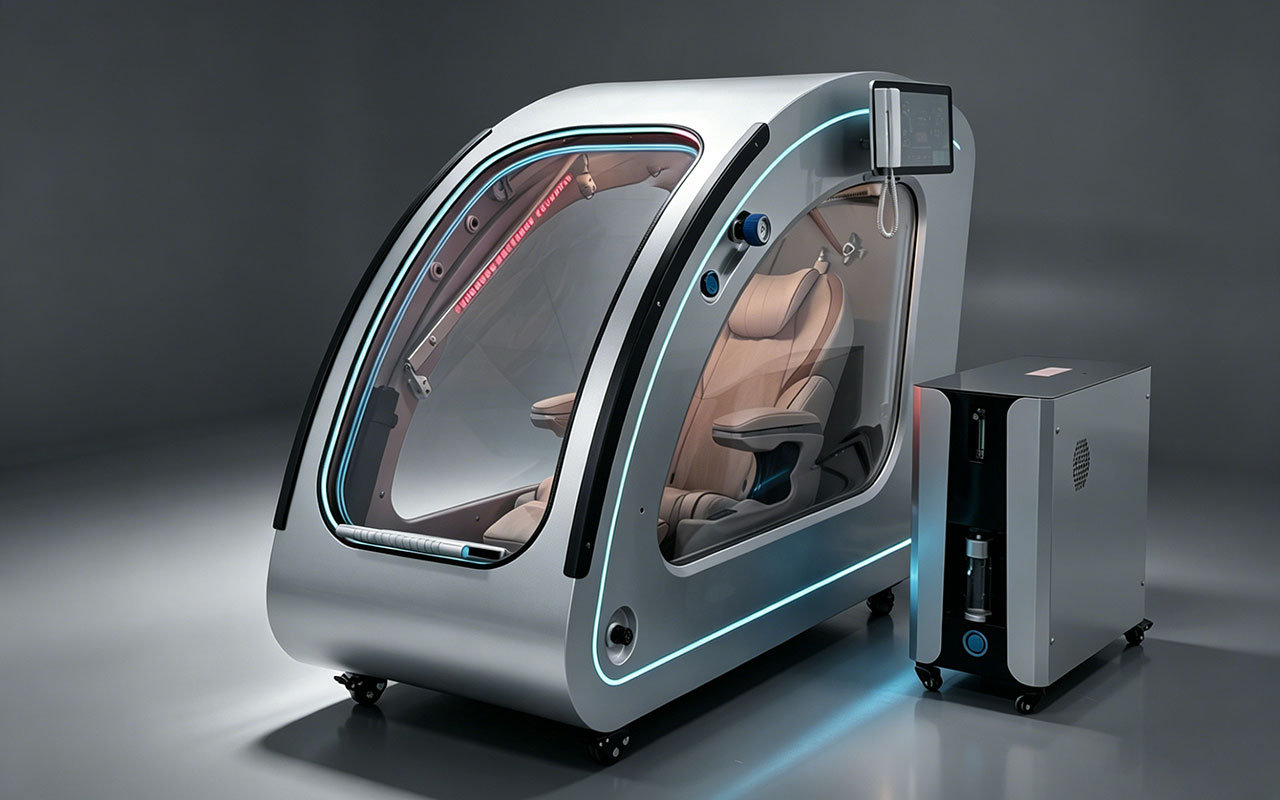 OxyRevo Space60 Pro Hard-Shell Sitting Hyperbaric Chamber – chamber with its all-in-one machine unit